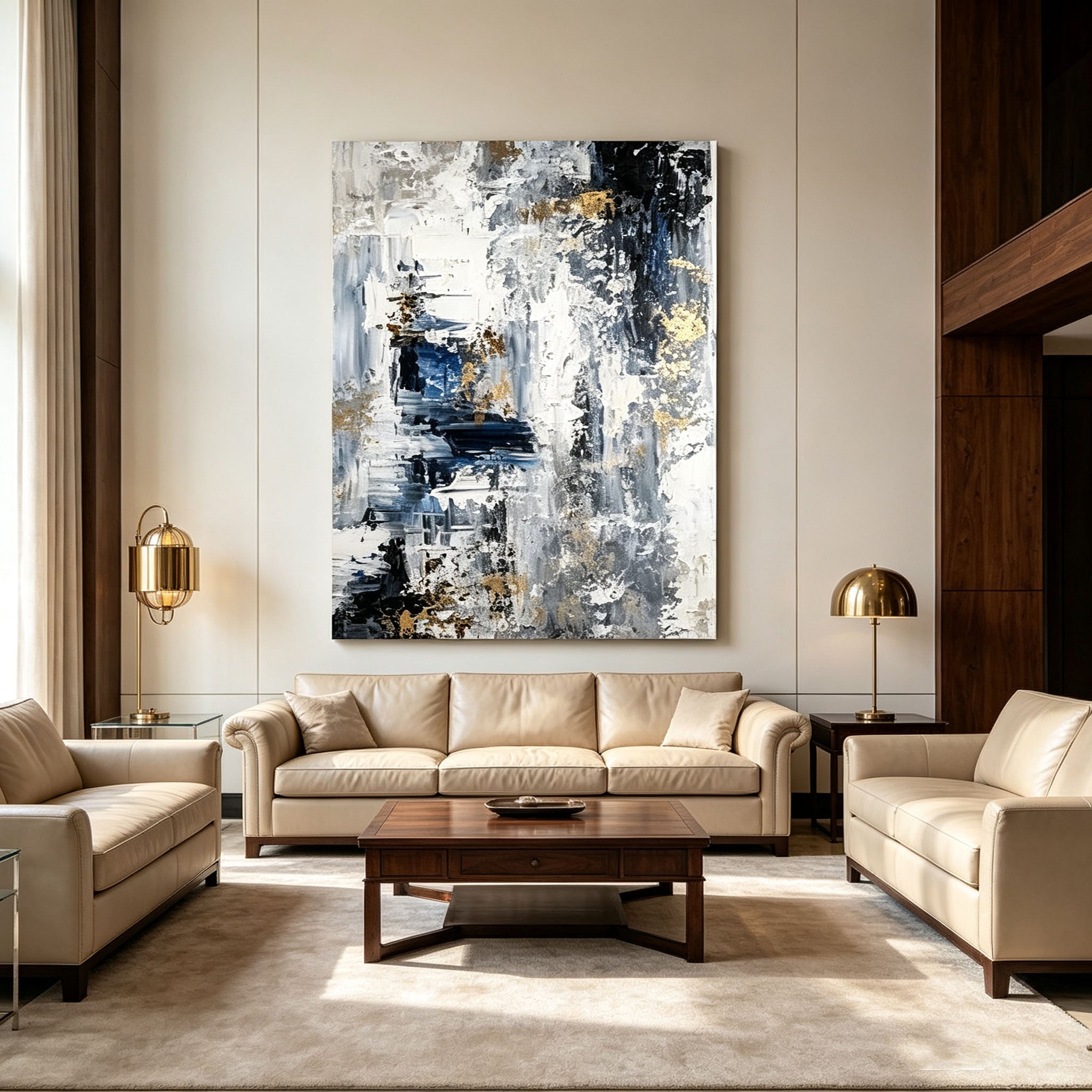 Navy Blue and Gold Abstract Wall Art, White Gray Gold Leaf Impasto Painting, Large Textured Canvas Art, Luxury Office Living Room Decor