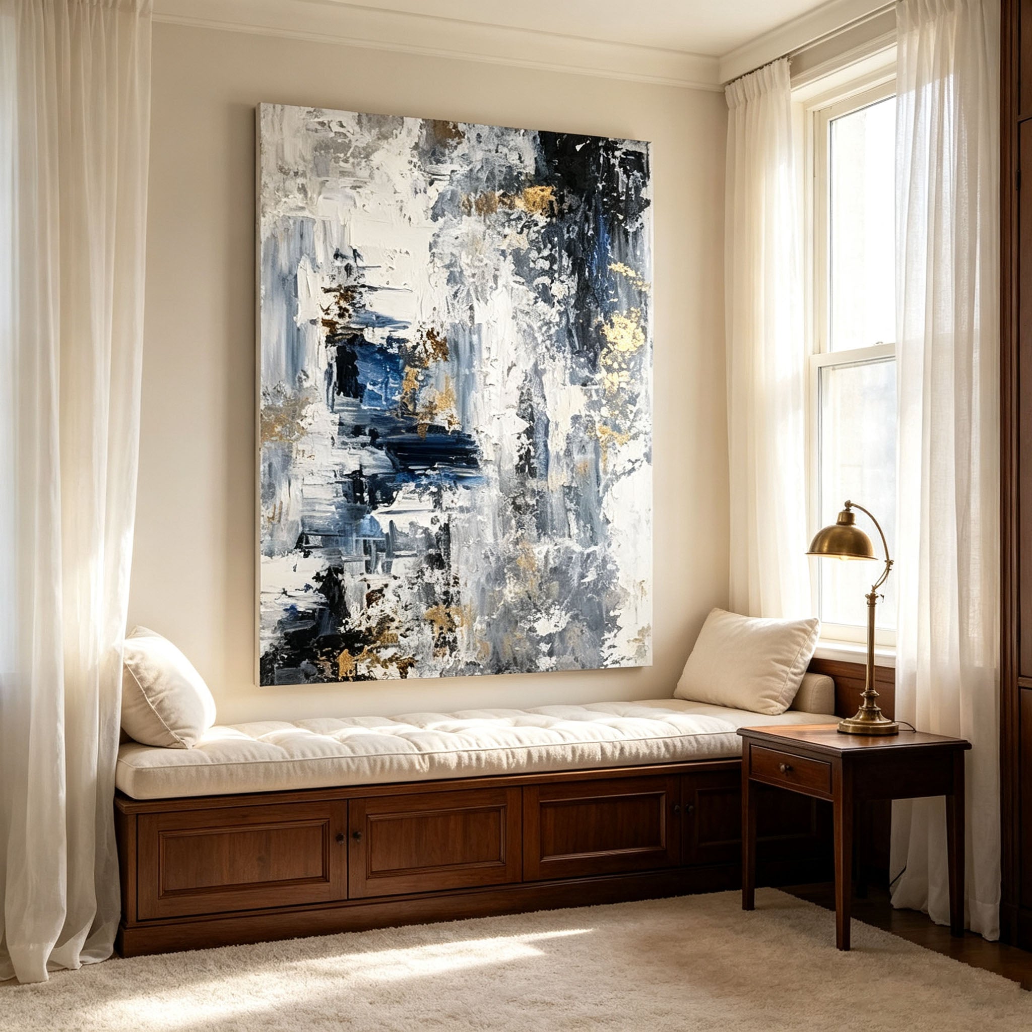 Navy Blue and Gold Abstract Wall Art, White Gray Gold Leaf Impasto Painting, Large Textured Canvas Art, Luxury Office Living Room Decor