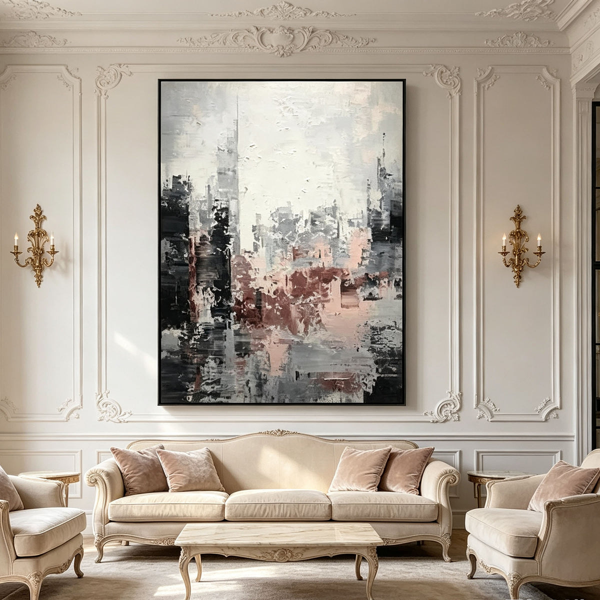 Gray and Pink Abstract Cityscape Wall Art, Blush Dusty Rose Skyline Impasto Painting, Large Textured Urban Canvas Art, Elegant Living Room Decor