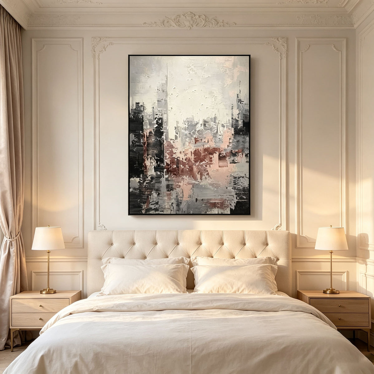 Gray and Pink Abstract Cityscape Wall Art, Blush Dusty Rose Skyline Impasto Painting, Large Textured Urban Canvas Art, Elegant Living Room Decor