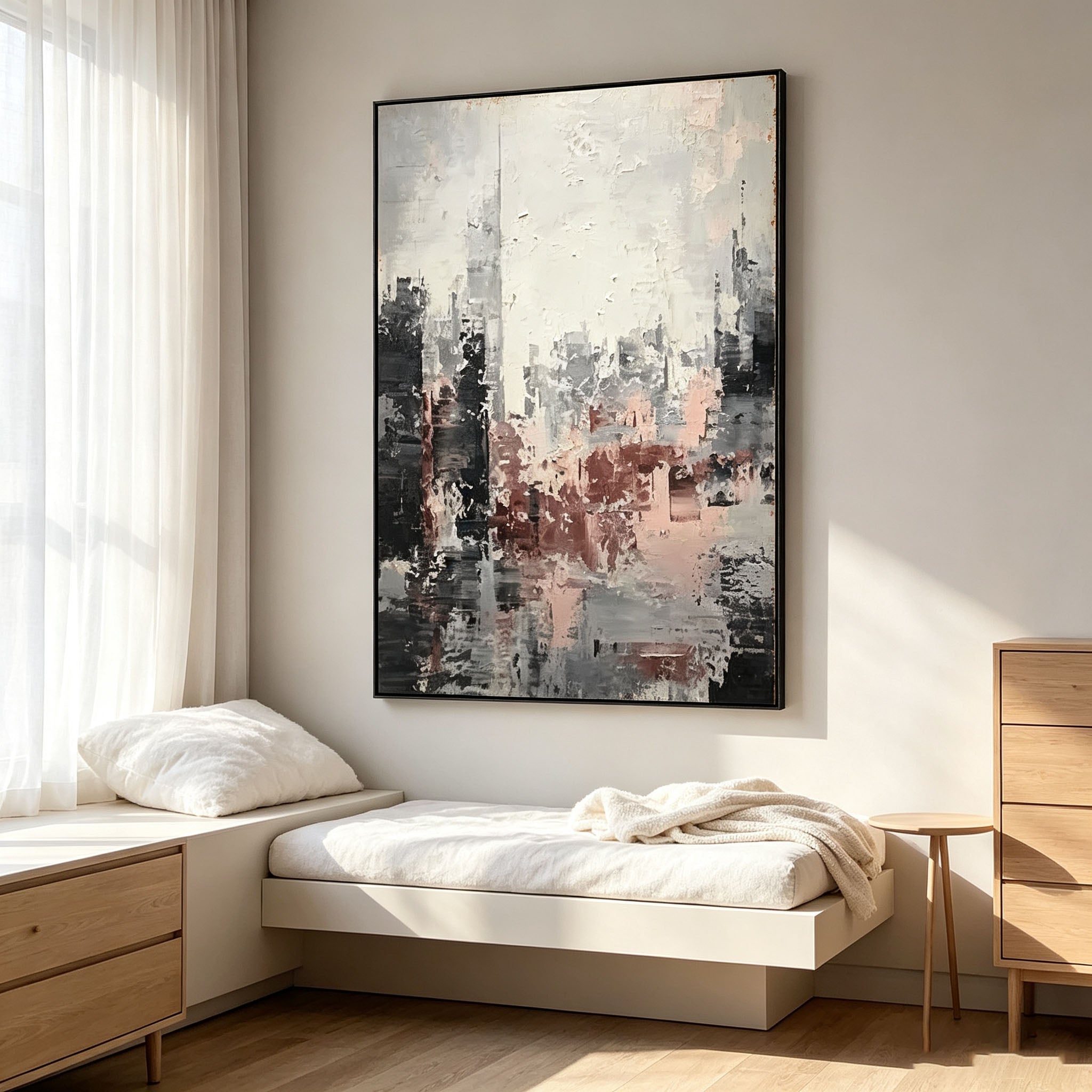 Gray and Pink Abstract Cityscape Wall Art, Blush Dusty Rose Skyline Impasto Painting, Large Textured Urban Canvas Art, Elegant Living Room Decor
