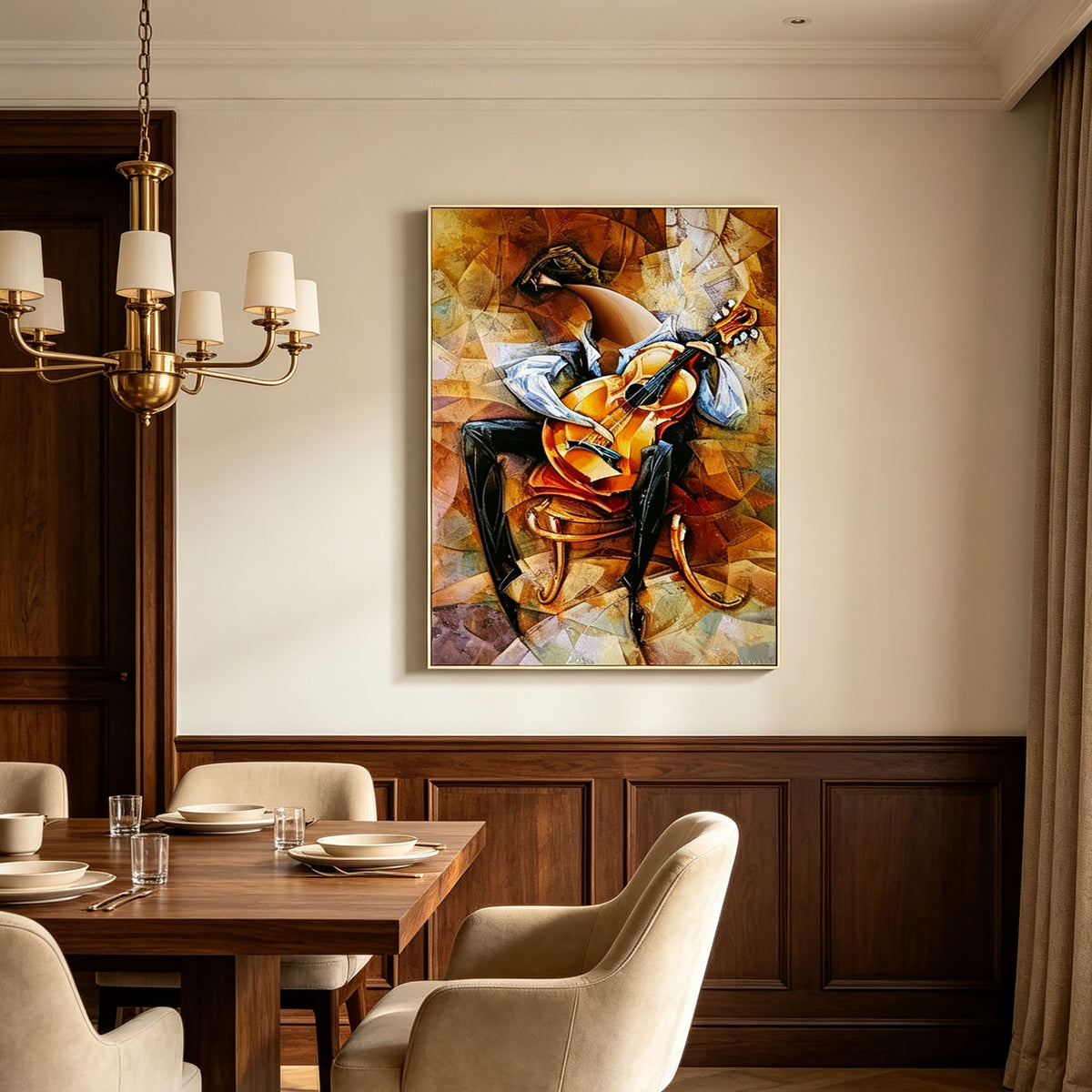 Cubism Abstract Violin Musician Canvas Wall Art, Vintage Brown Tones Music Themed Painting for Home Decor
