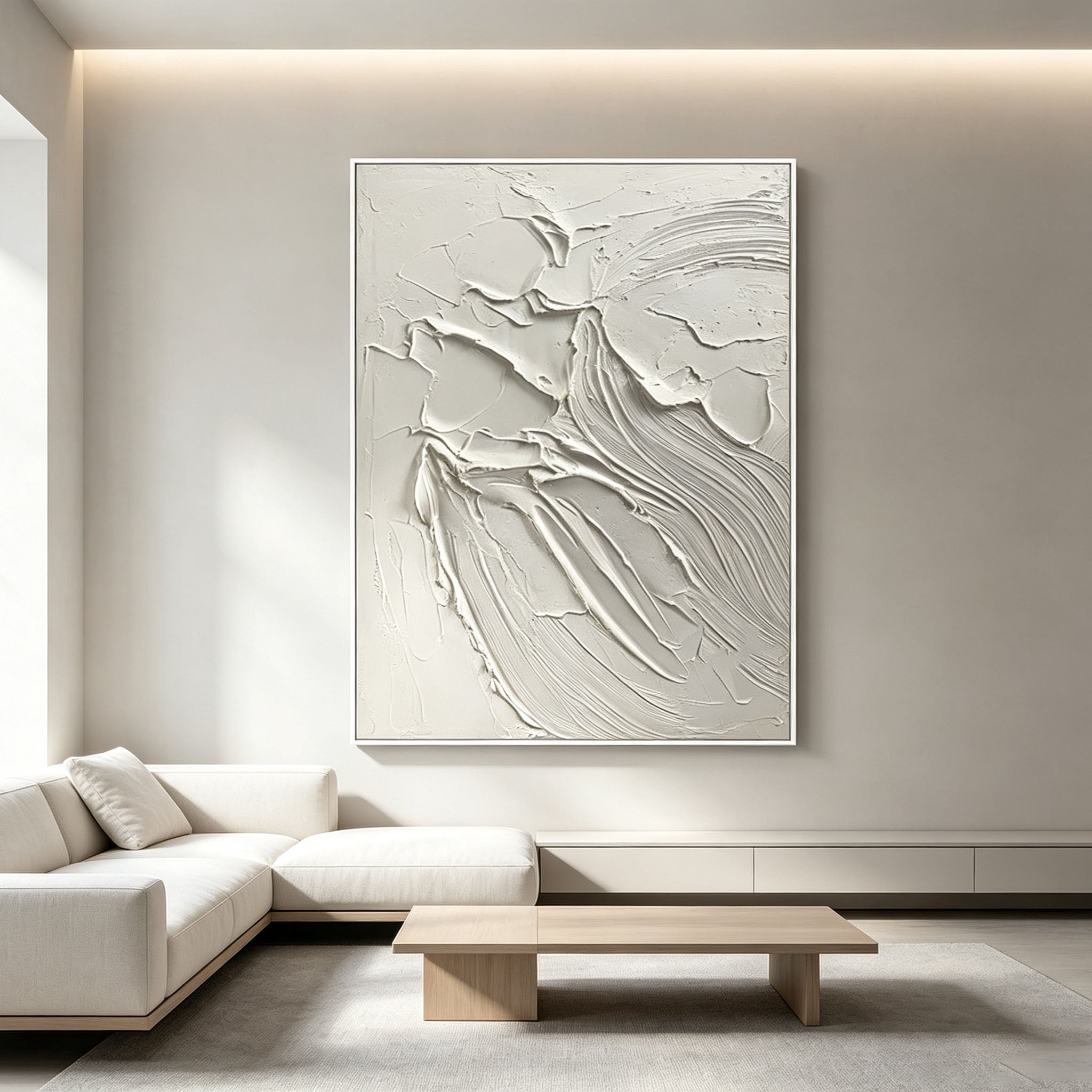 White 3D Textured Wall Art, Minimalist Flowing Curve Plaster Painting, Large Cream White Sculptural Canvas Art, Modern Japandi Dining Room Decor