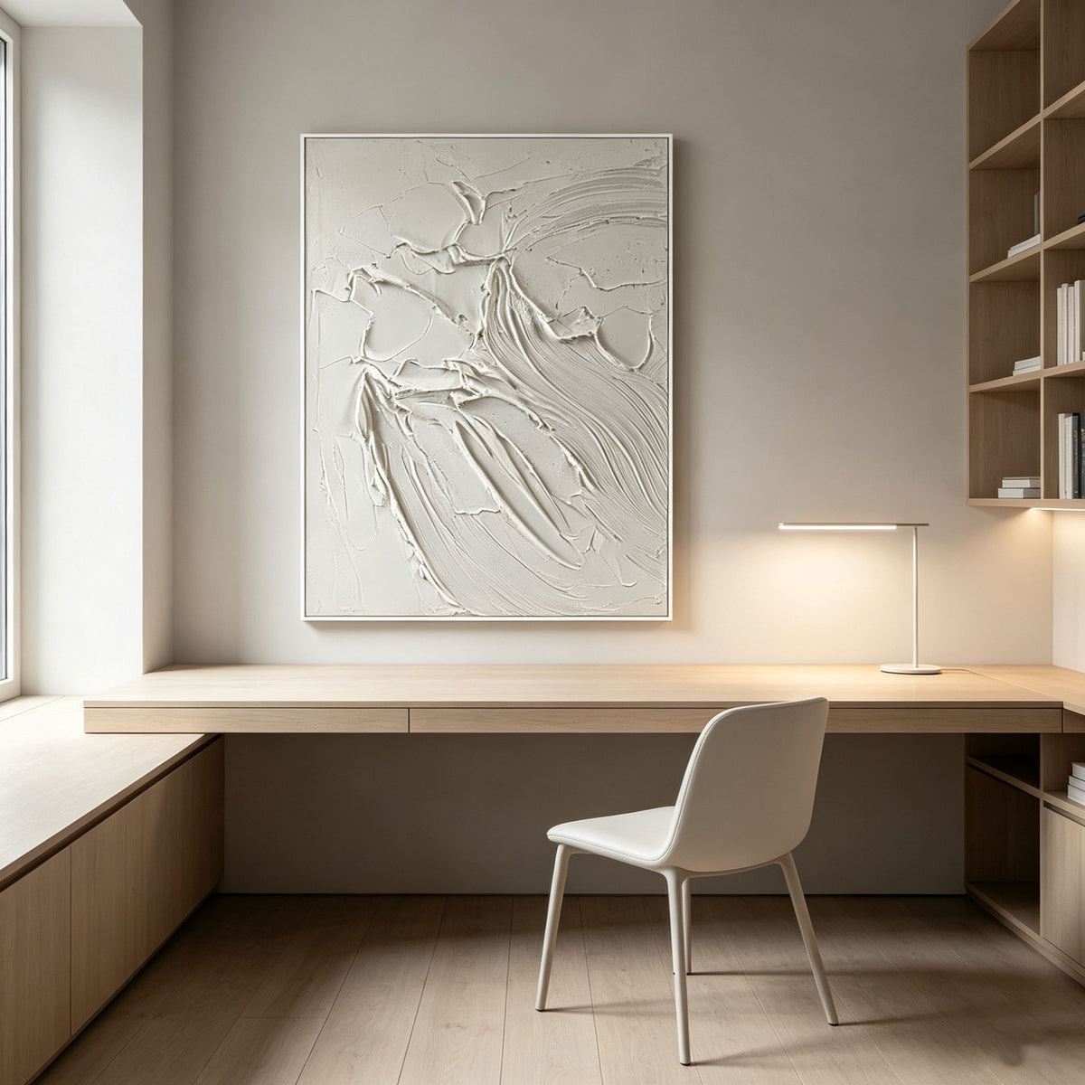 White 3D Textured Wall Art, Minimalist Flowing Curve Plaster Painting, Large Cream White Sculptural Canvas Art, Modern Japandi Dining Room Decor
