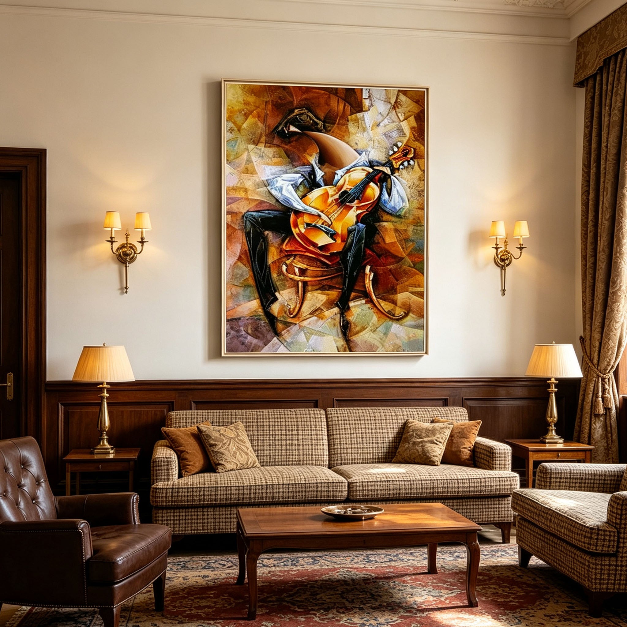 Cubism Abstract Violin Musician Canvas Wall Art, Vintage Brown Tones Music Themed Painting for Home Decor
