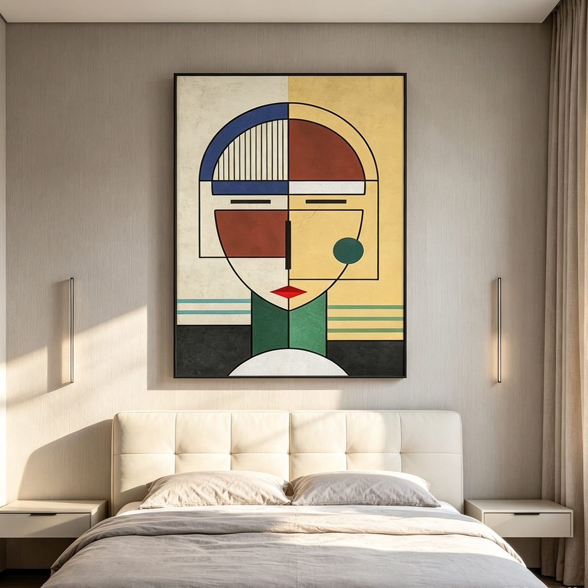 Cubist Geometric Portrait Wall Art, Yellow Blue Green Red Abstract Face Painting, Large Mid-Century Modern Canvas Art, Retro Bedroom Living Room Decor