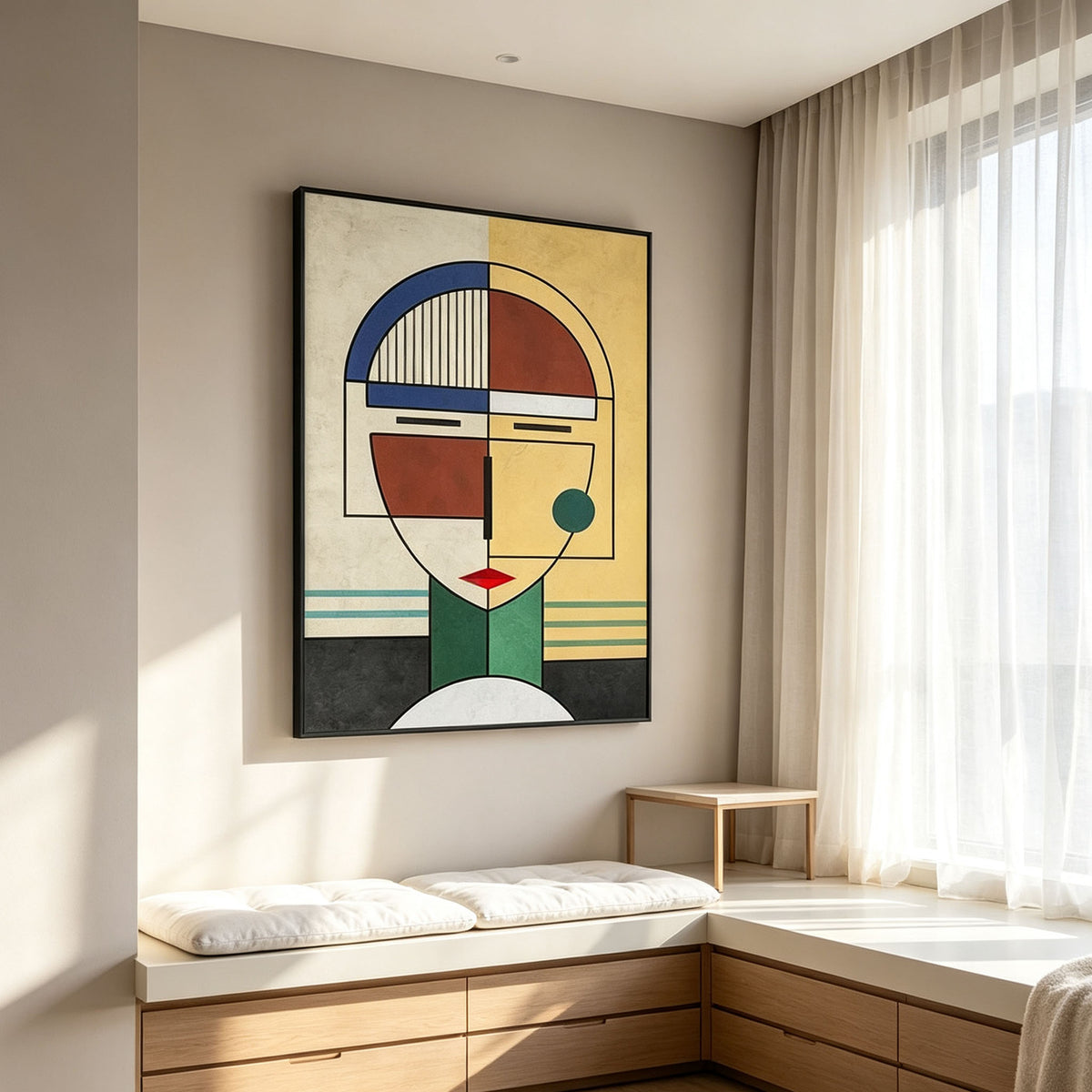 Cubist Geometric Portrait Wall Art, Yellow Blue Green Red Abstract Face Painting, Large Mid-Century Modern Canvas Art, Retro Bedroom Living Room Decor