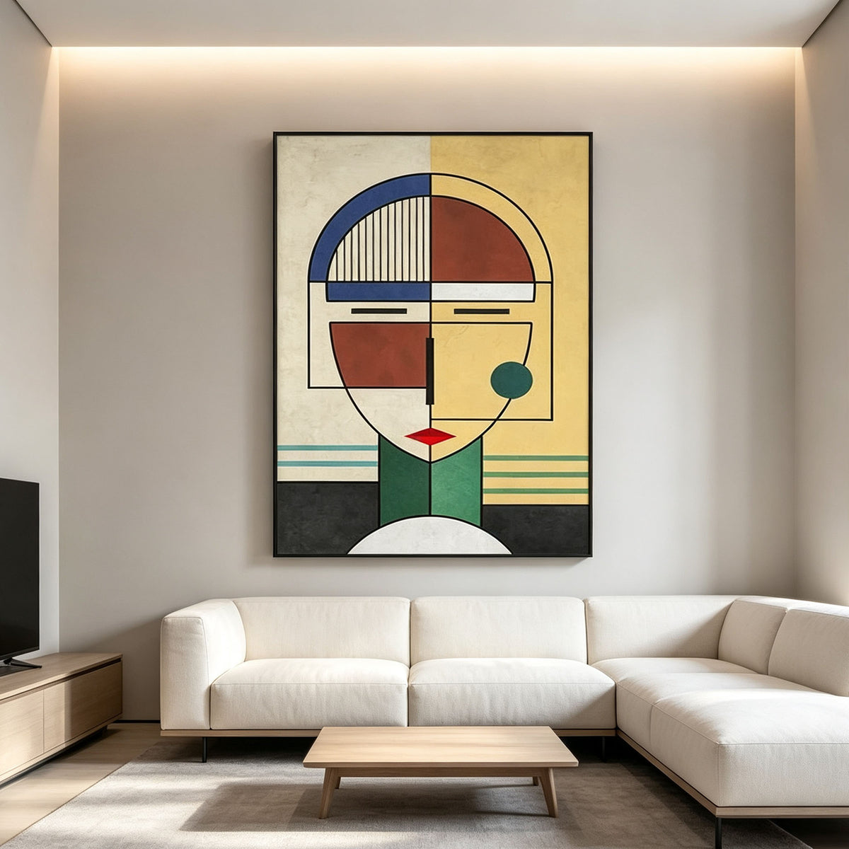 Cubist Geometric Portrait Wall Art, Yellow Blue Green Red Abstract Face Painting, Large Mid-Century Modern Canvas Art, Retro Bedroom Living Room Decor