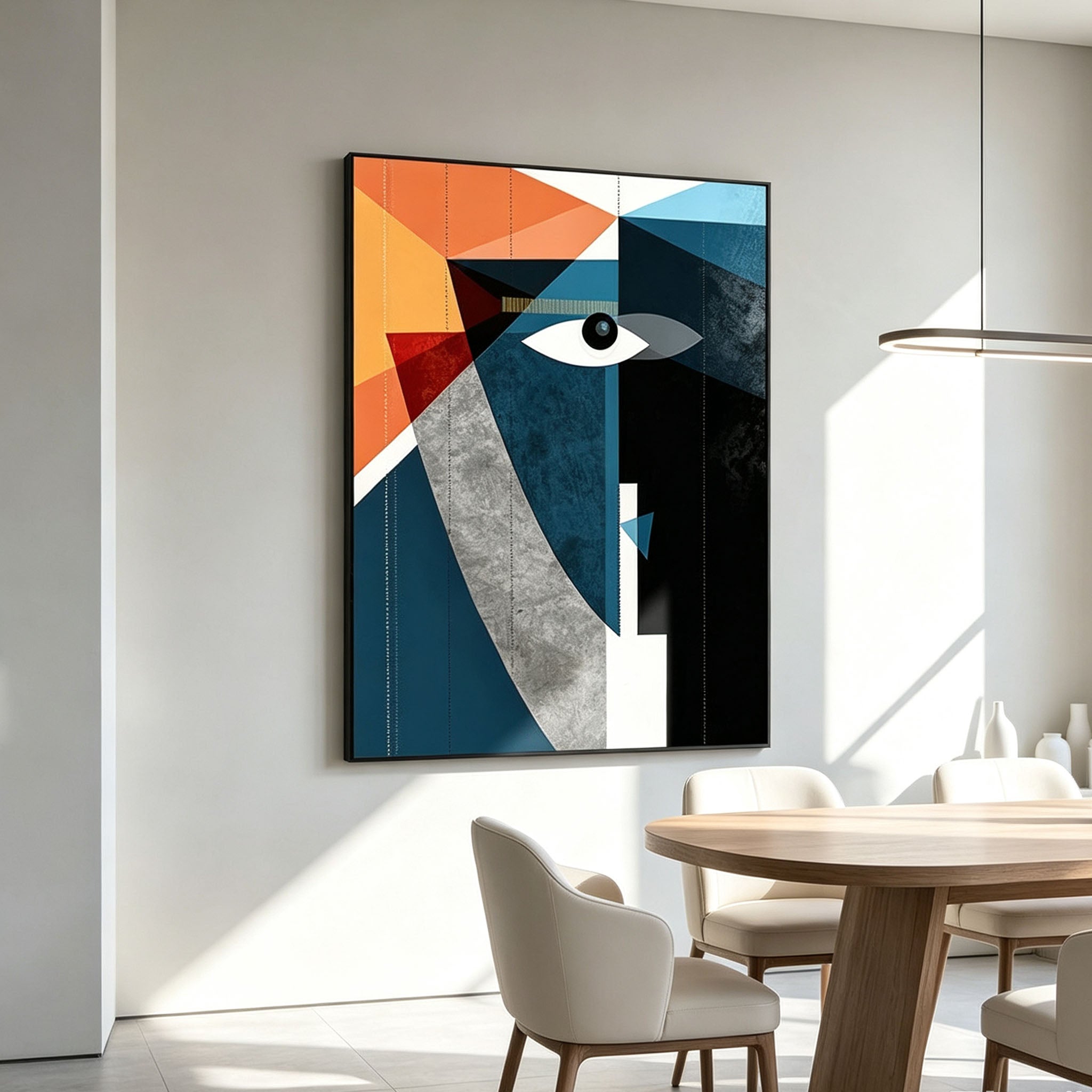 Orange Blue Geometric Portrait Wall Art, Cubist Abstract Face Painting, Large Bold Modern Canvas Art, Dramatic Eye Dining Room Living Room Decor