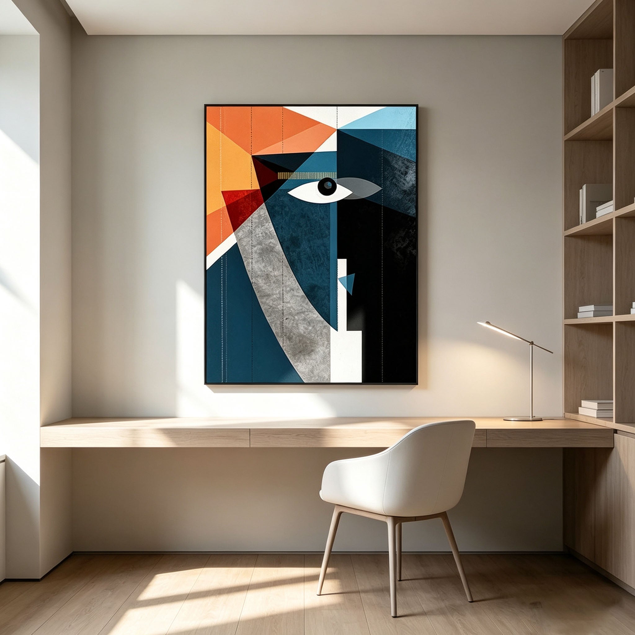 Orange Blue Geometric Portrait Wall Art, Cubist Abstract Face Painting, Large Bold Modern Canvas Art, Dramatic Eye Dining Room Living Room Decor