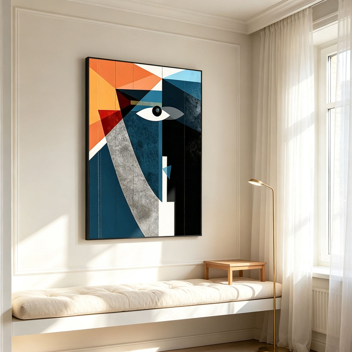 Orange Blue Geometric Portrait Wall Art, Cubist Abstract Face Painting, Large Bold Modern Canvas Art, Dramatic Eye Dining Room Living Room Decor