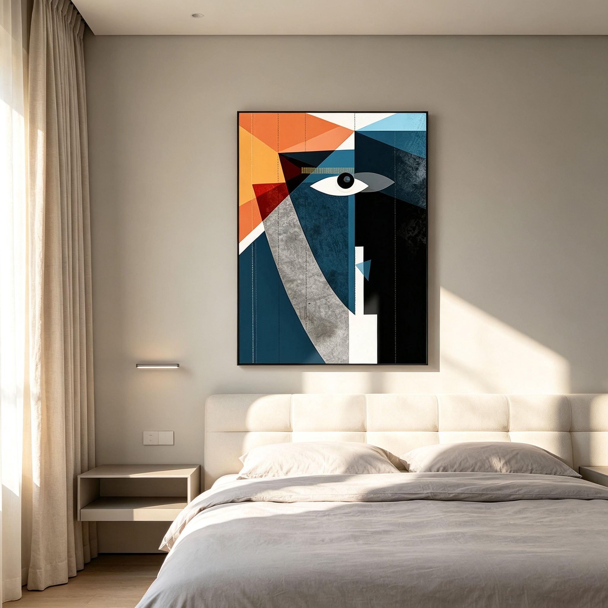 Orange Blue Geometric Portrait Wall Art, Cubist Abstract Face Painting, Large Bold Modern Canvas Art, Dramatic Eye Dining Room Living Room Decor
