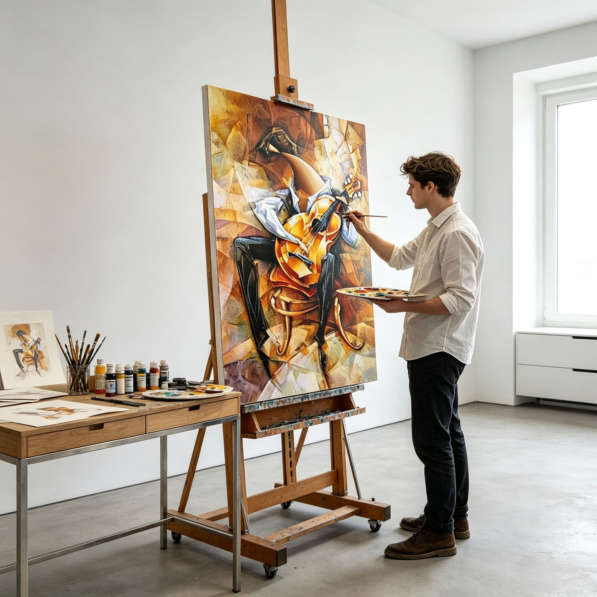 Cubism Abstract Violin Musician Canvas Wall Art, Vintage Brown Tones Music Themed Painting for Home Decor
