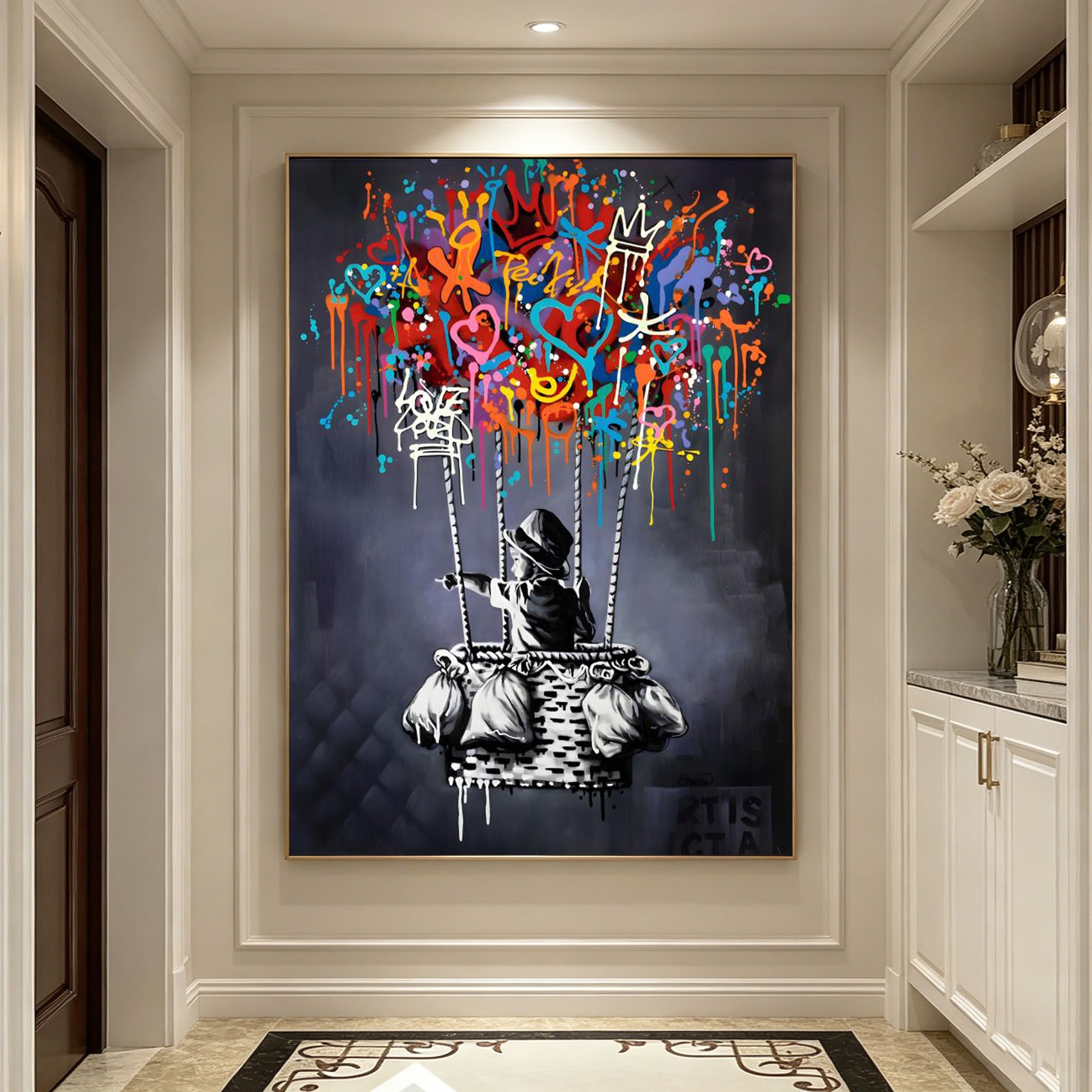 Hand‑Painted Graffiti Style Hot Air Balloon Wall Art | Modern Street Art Canvas Oil Painting