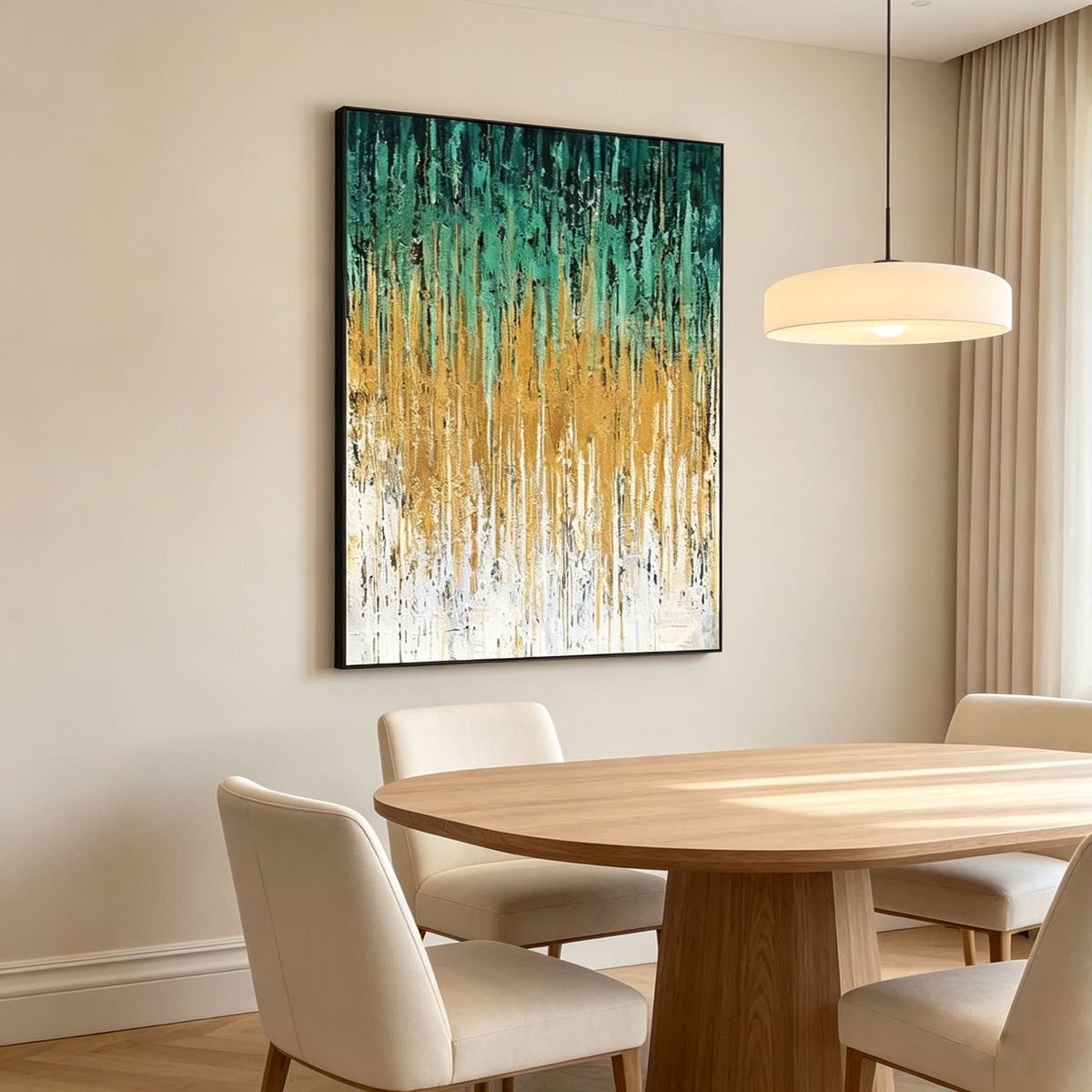 Green Gold Abstract Wall Art, Vertical Striped Texture Oil Painting, Dark Green White Luxury Canvas, Modern Dining Room Wall Decor