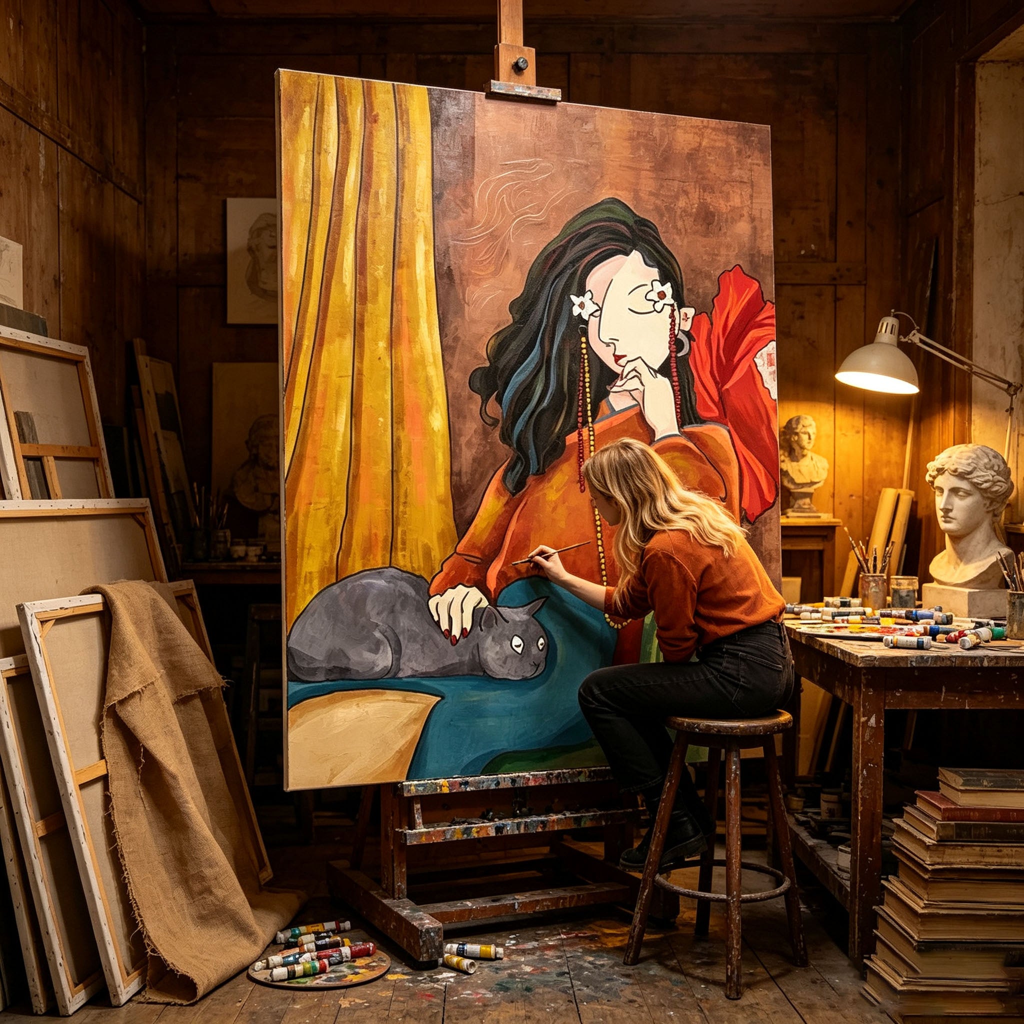 Woman with Cat Wall Art, Art Deco Portrait Painting, Vintage Warm Tone Orange Teal Canvas, Large Decorative Feminine Wall Decor for Bedroom