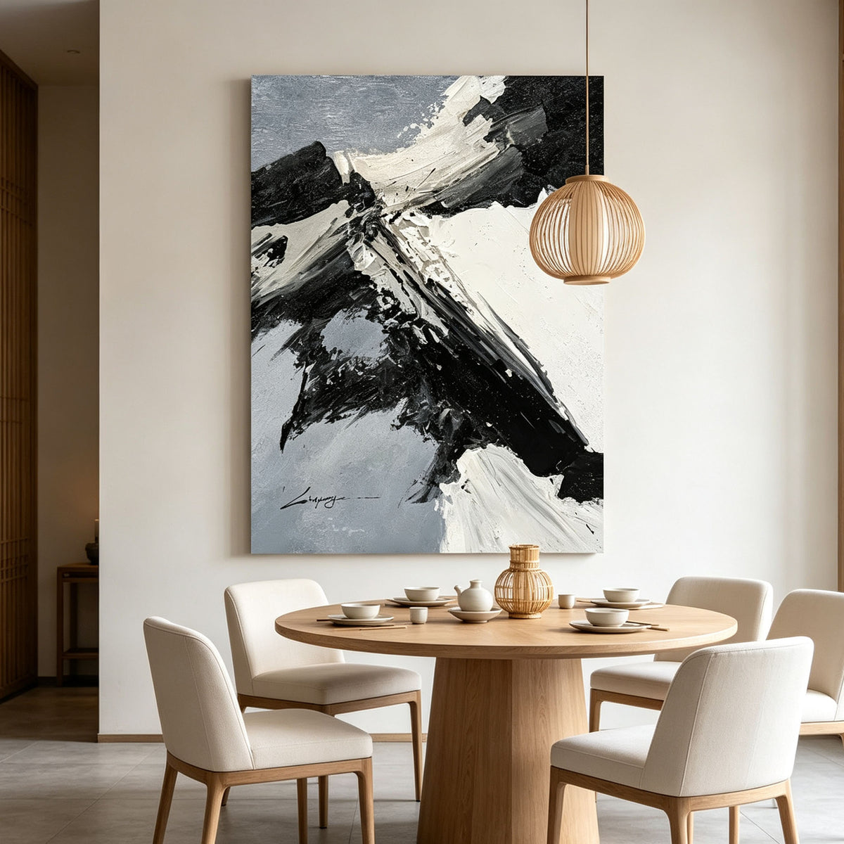 Abstract Snow Mountain Wall Art, Black White Gray Impasto Painting, Large Textured Mountain Landscape Canvas, Zen Minimalist Bedroom Decor
