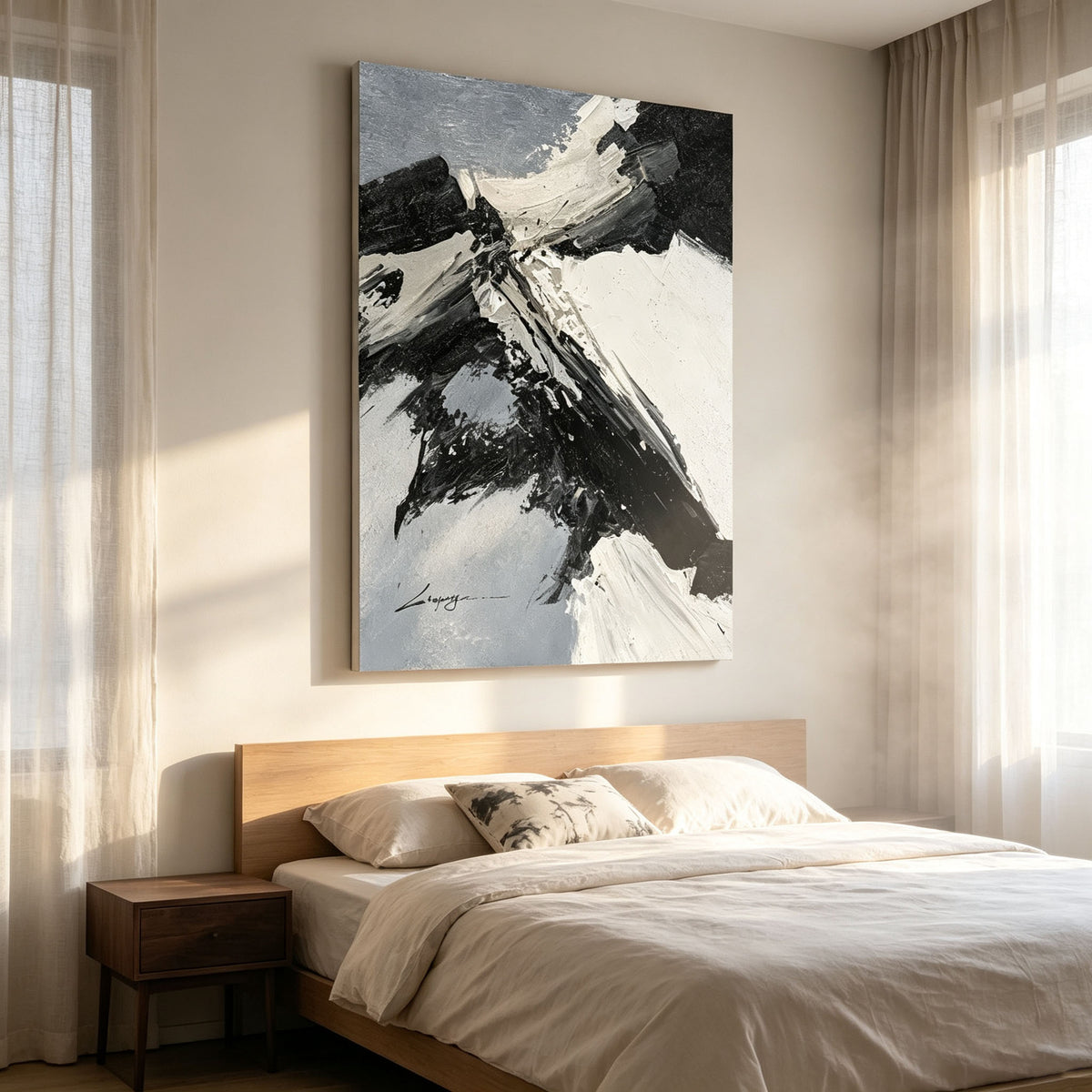 Abstract Snow Mountain Wall Art, Black White Gray Impasto Painting, Large Textured Mountain Landscape Canvas, Zen Minimalist Bedroom Decor