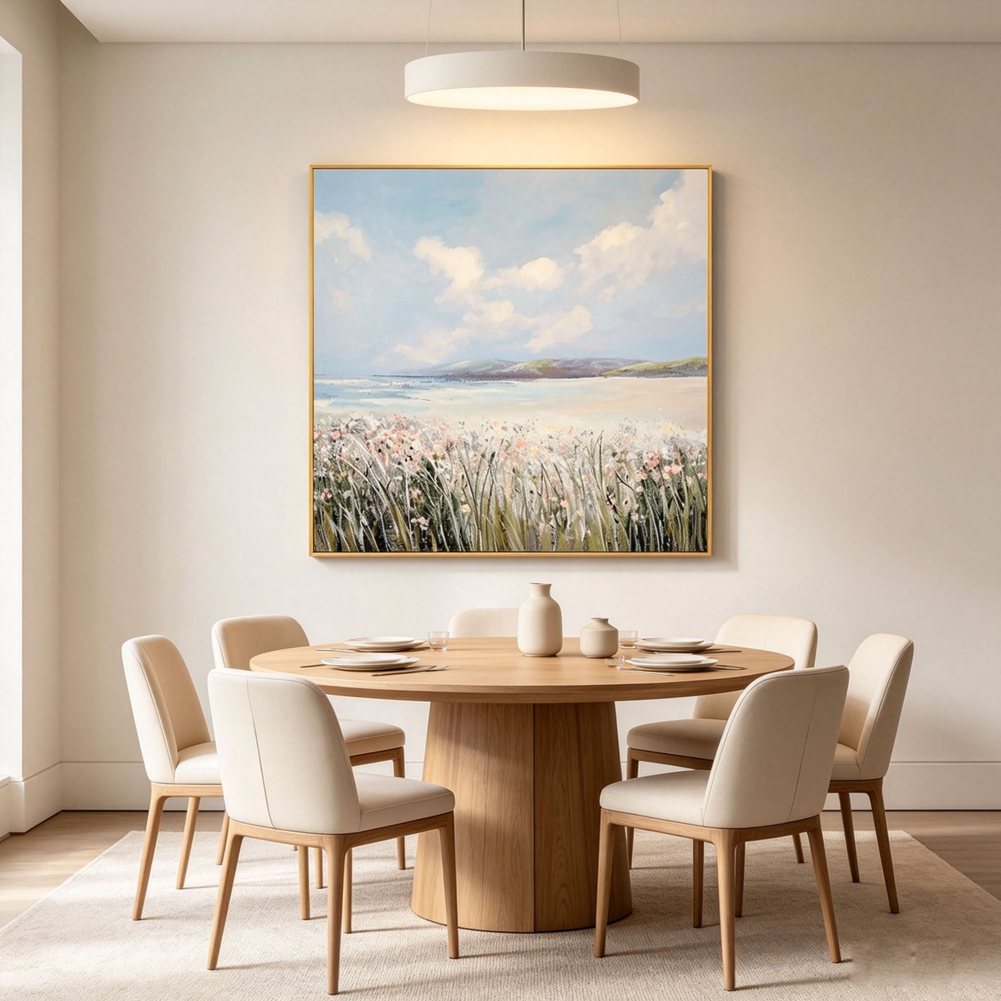 Textured Coastal Beach Wildflower Oil Painting, Hand Painted Seascape Canvas Wall Art, Soft Sky Ocean Landscape Decor