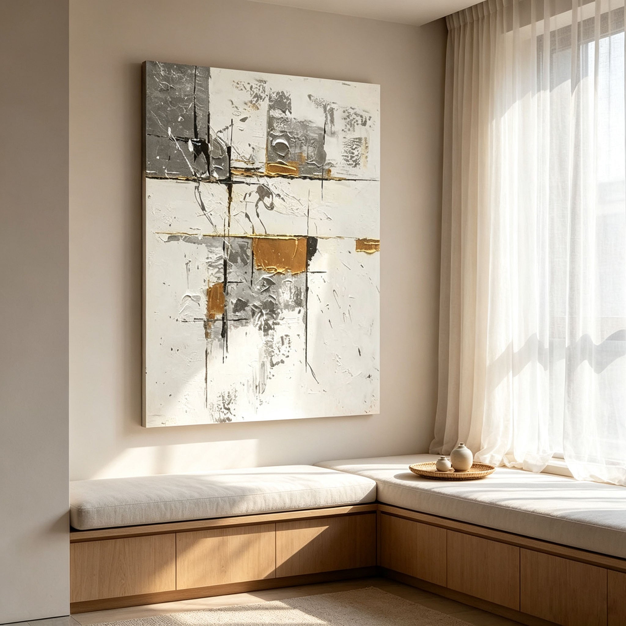 White Gray Gold Abstract Wall Art, Minimalist Geometric Textured Canvas Painting, Large Silver Gold Neutral Art, Modern Luxury Living Room Decor