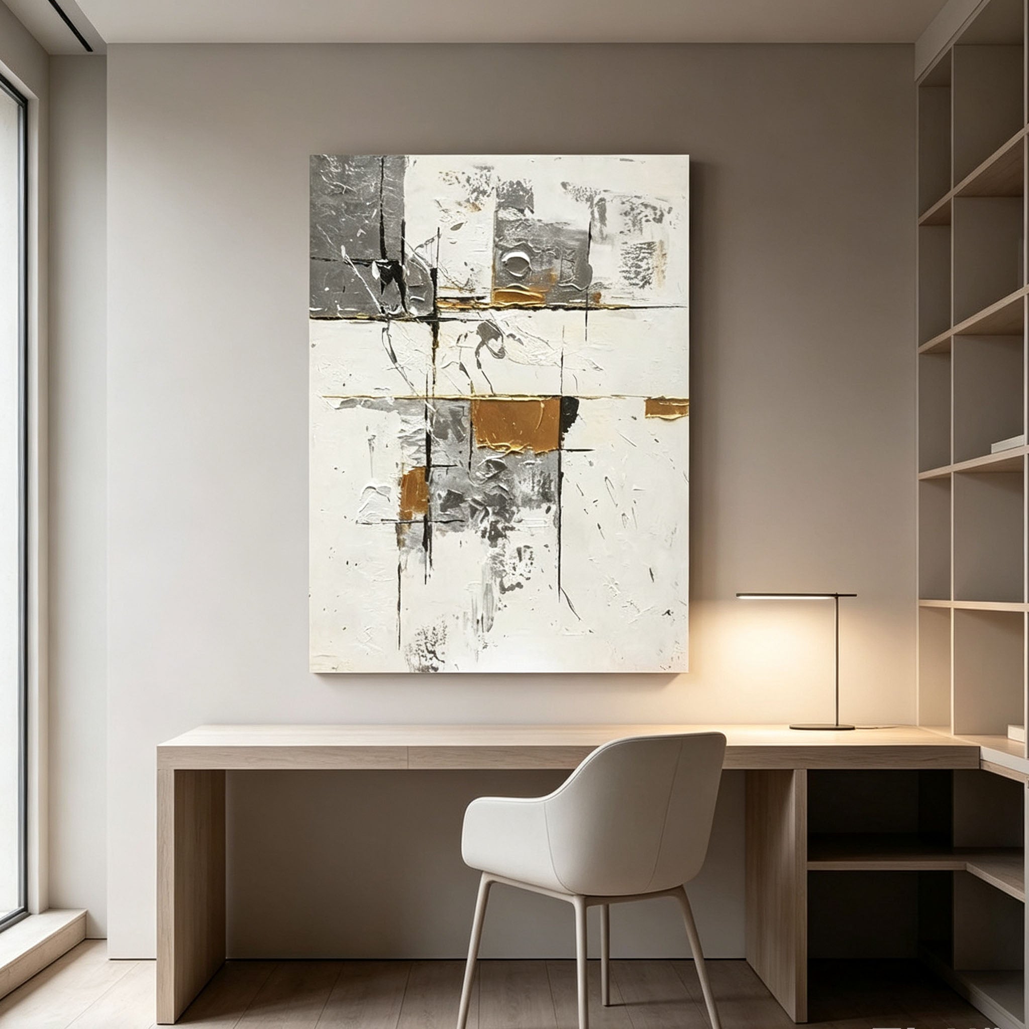 White Gray Gold Abstract Wall Art, Minimalist Geometric Textured Canvas Painting, Large Silver Gold Neutral Art, Modern Luxury Living Room Decor
