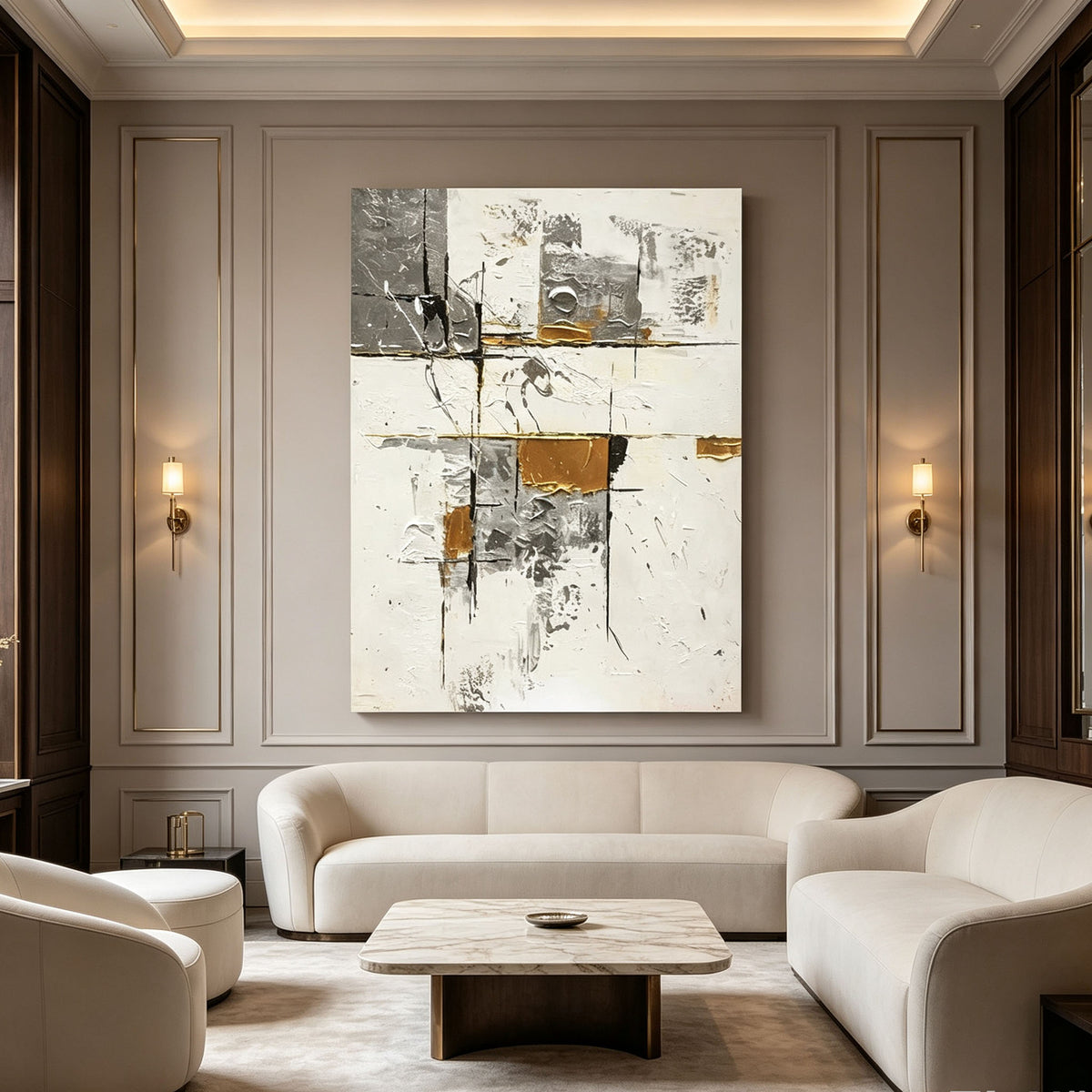 White Gray Gold Abstract Wall Art, Minimalist Geometric Textured Canvas Painting, Large Silver Gold Neutral Art, Modern Luxury Living Room Decor