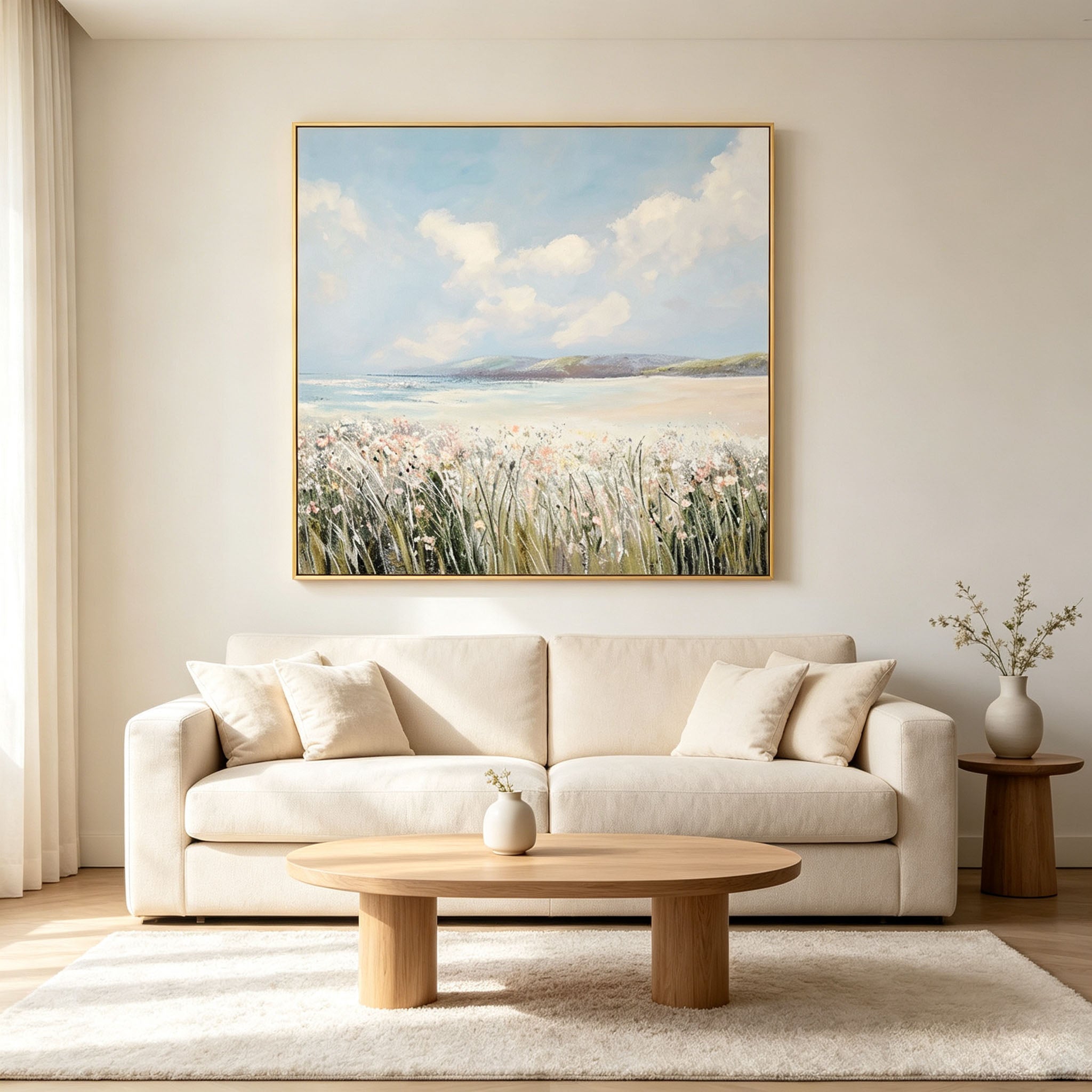 Textured Coastal Beach Wildflower Oil Painting, Hand Painted Seascape Canvas Wall Art, Soft Sky Ocean Landscape Decor
