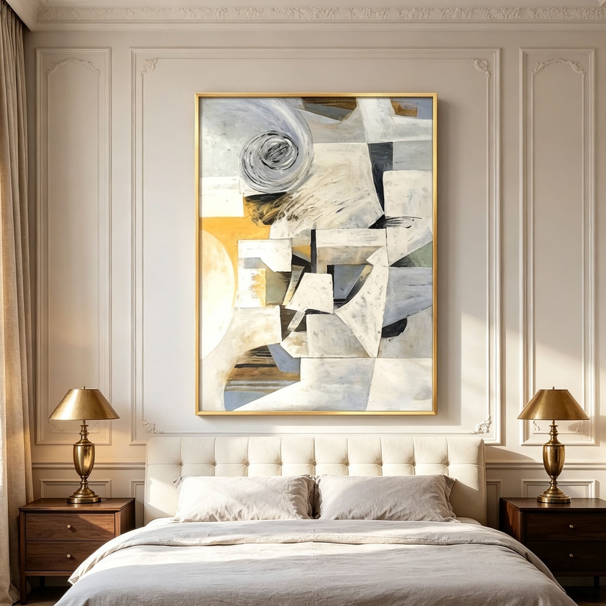 Cubist Geometric Abstract Wall Art, Beige Gray Mustard Yellow Canvas Painting, Large Constructivist Neutral Art, Vintage Modern Bedroom Decor