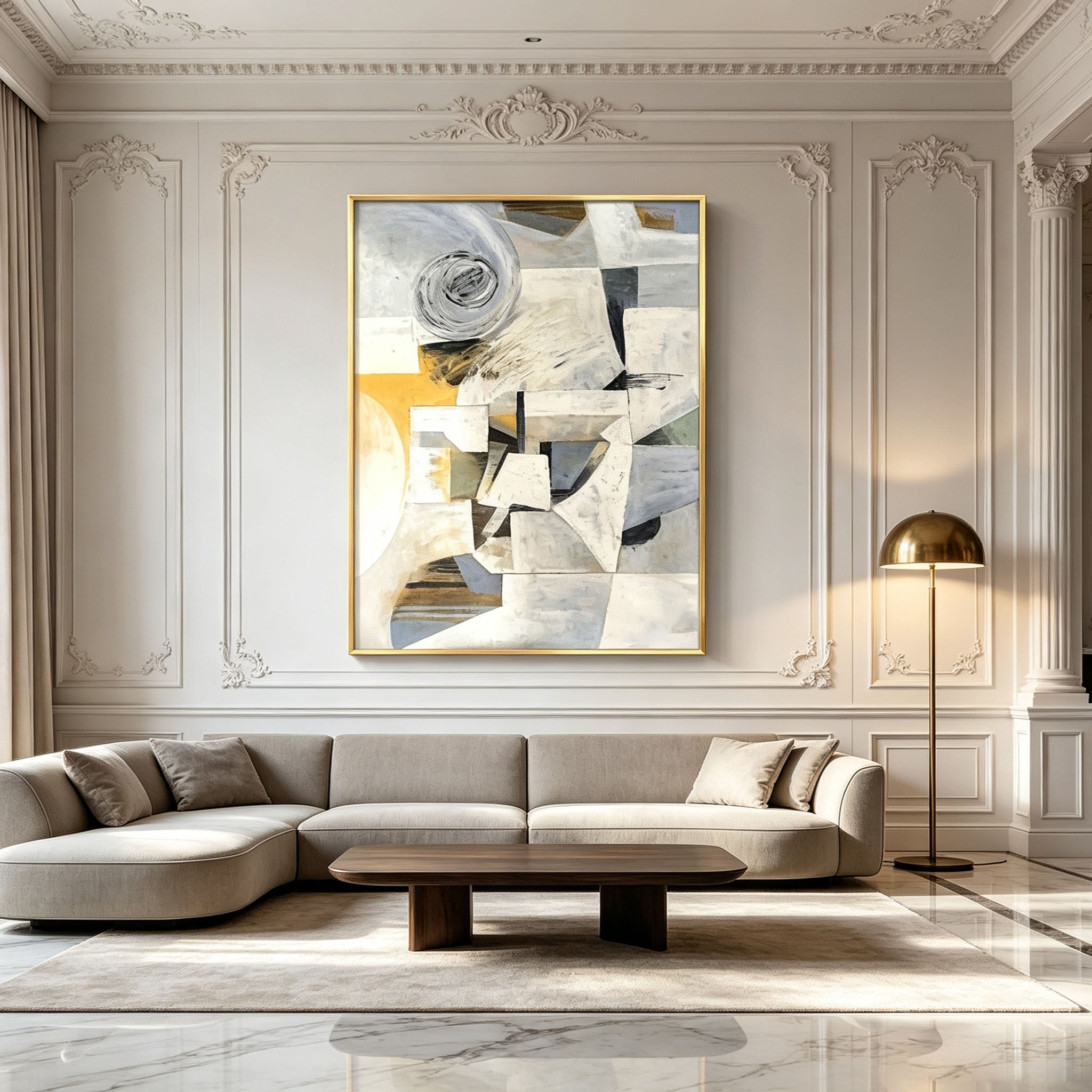 Cubist Geometric Abstract Wall Art, Beige Gray Mustard Yellow Canvas Painting, Large Constructivist Neutral Art, Vintage Modern Bedroom Decor