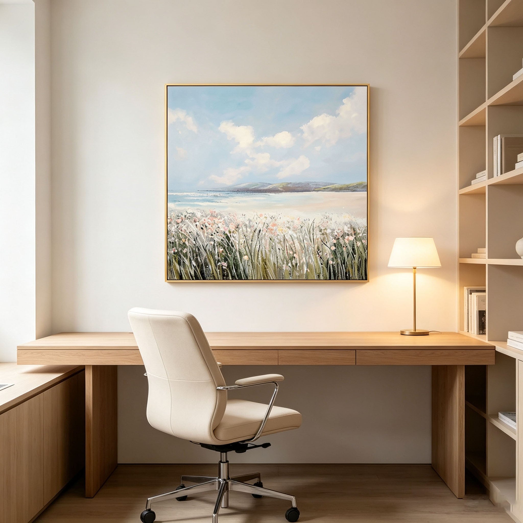Textured Coastal Beach Wildflower Oil Painting, Hand Painted Seascape Canvas Wall Art, Soft Sky Ocean Landscape Decor