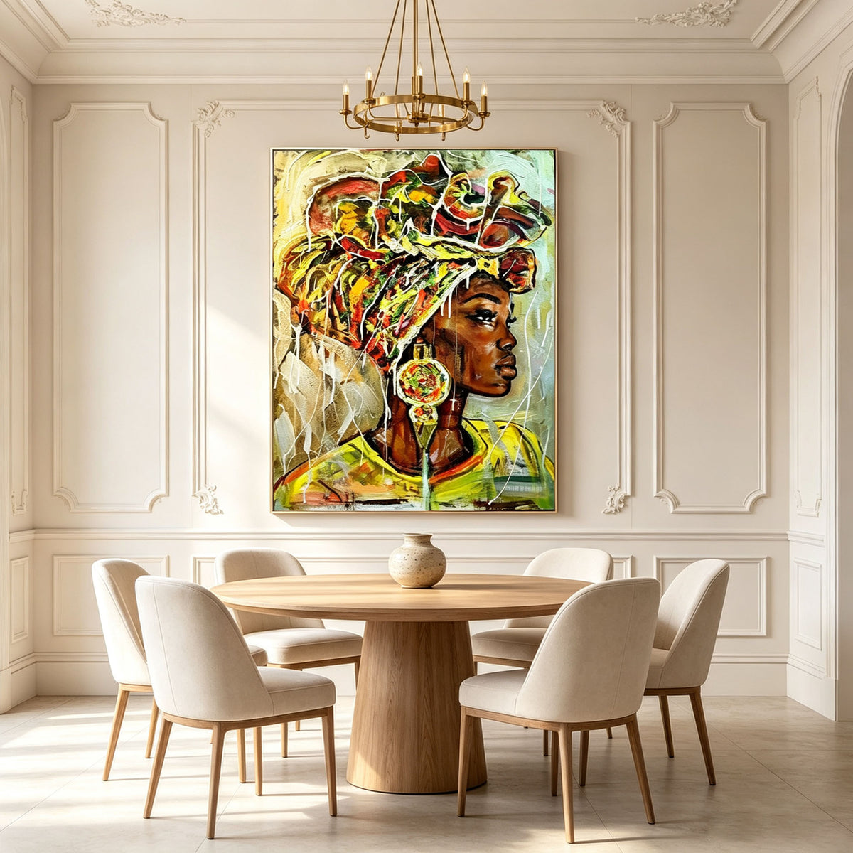 African Woman Portrait Wall Art, Tribal Headwrap Colorful Oil Painting, Large Bold Ethnic Figurative Canvas, Vibrant Living Room Dining Room Decor