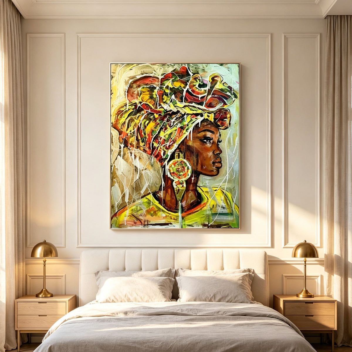 African Woman Portrait Wall Art, Tribal Headwrap Colorful Oil Painting, Large Bold Ethnic Figurative Canvas, Vibrant Living Room Dining Room Decor