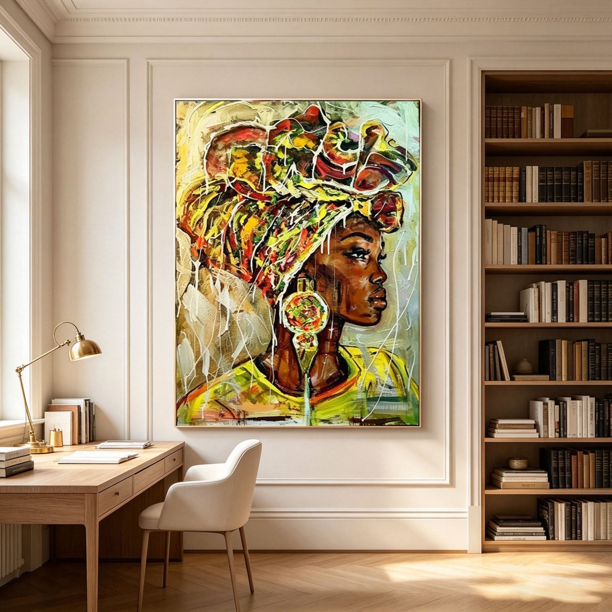 African Woman Portrait Wall Art, Tribal Headwrap Colorful Oil Painting, Large Bold Ethnic Figurative Canvas, Vibrant Living Room Dining Room Decor