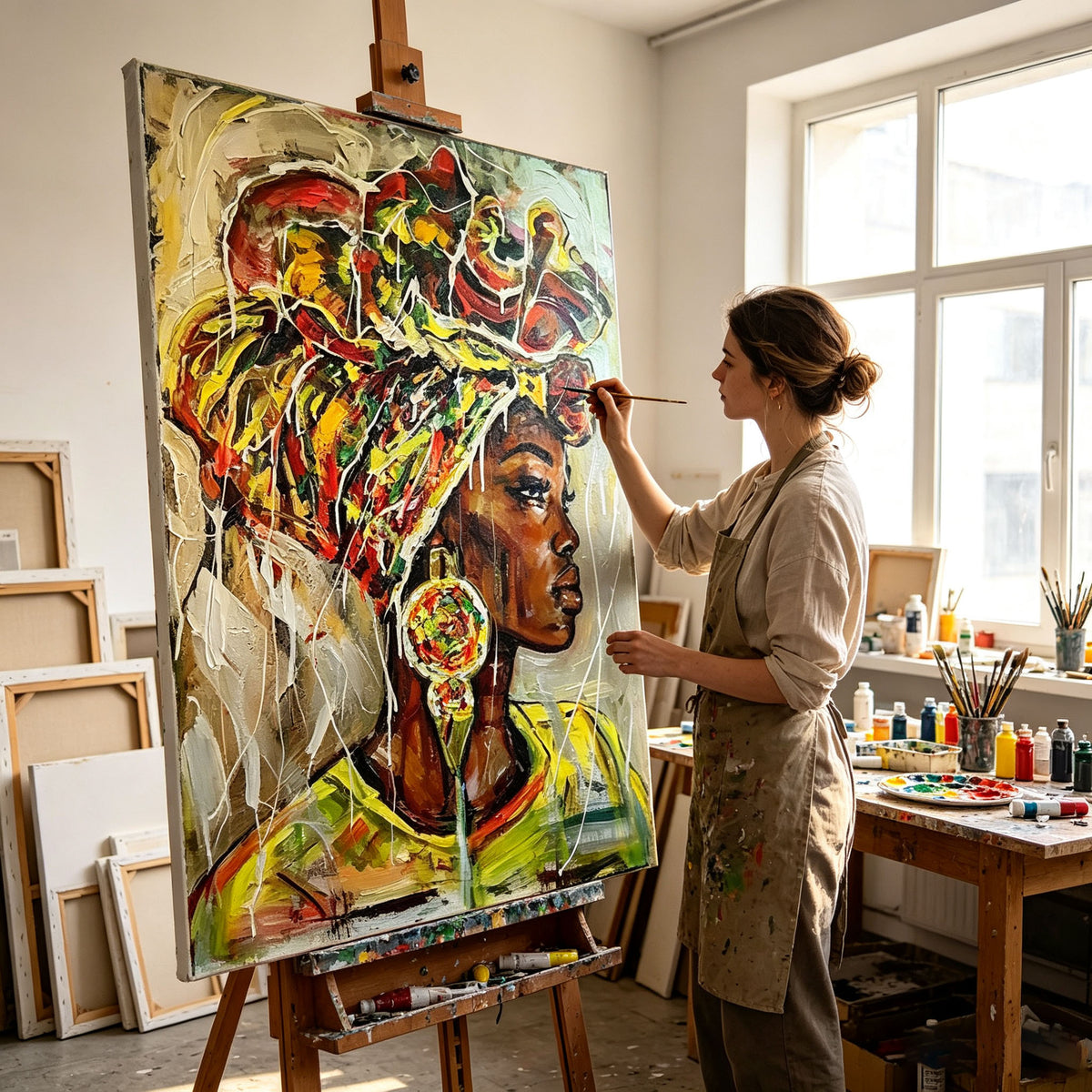 African Woman Portrait Wall Art, Tribal Headwrap Colorful Oil Painting, Large Bold Ethnic Figurative Canvas, Vibrant Living Room Dining Room Decor