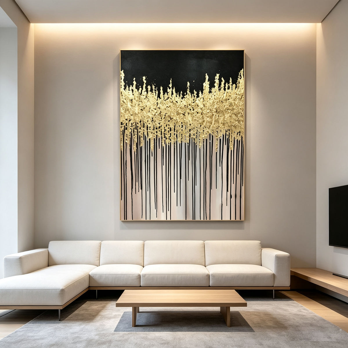 Black and Gold Abstract Wall Art, Vertical Gold Leaf Texture Painting, Large Gold Frame Canvas Art, Luxury Modern Living Room Wall Decor