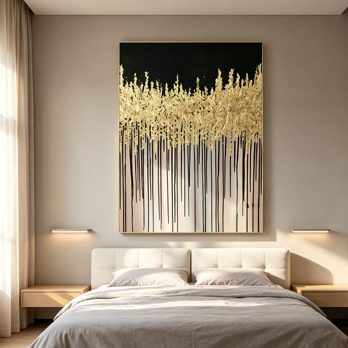 Black and Gold Abstract Wall Art, Vertical Gold Leaf Texture Painting, Large Gold Frame Canvas Art, Luxury Modern Living Room Wall Decor