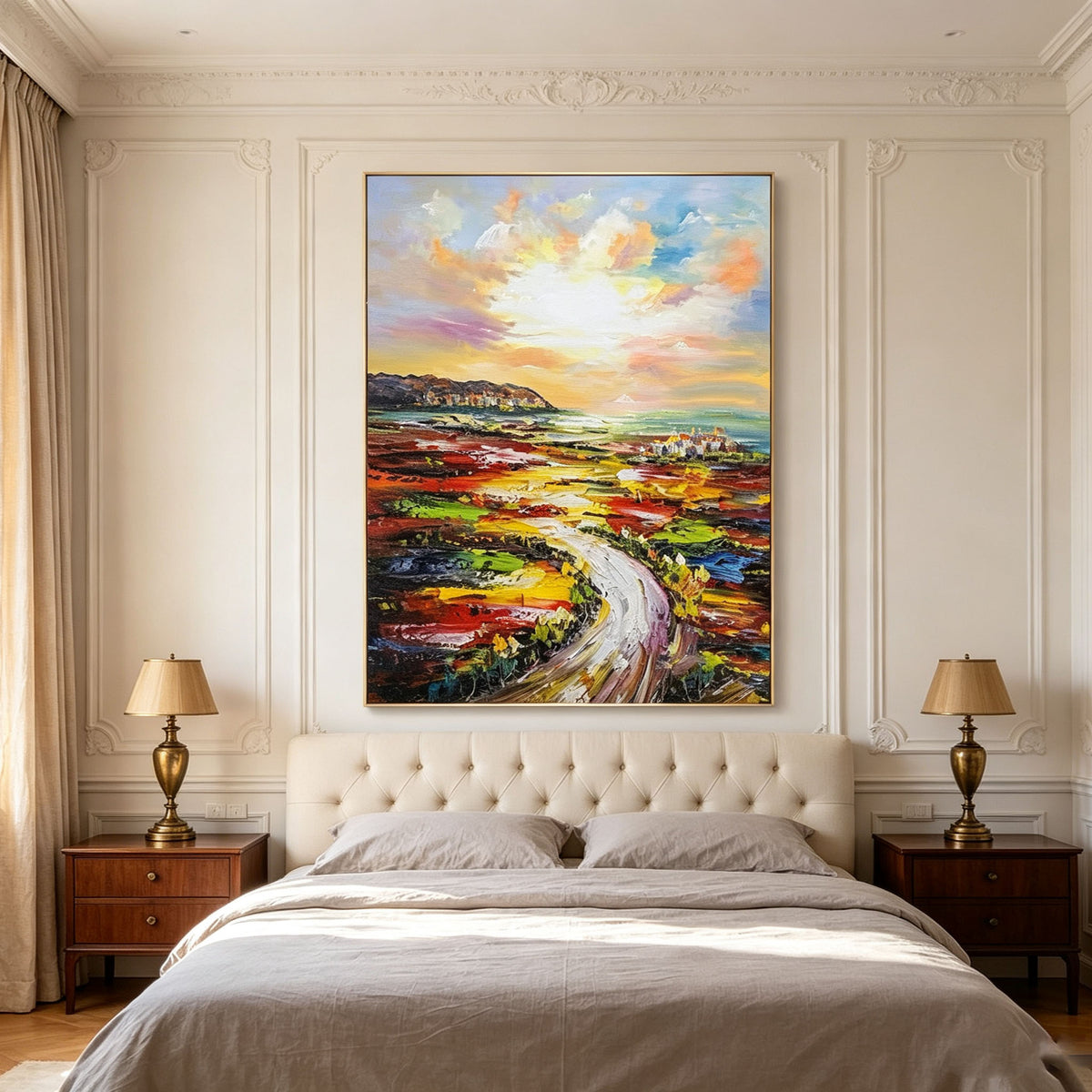Colorful Road Landscape Wall Art, Winding Path Fields Painting, Large Vibrant Abstract Canvas Art, Expressive Countryside Living Room Decor