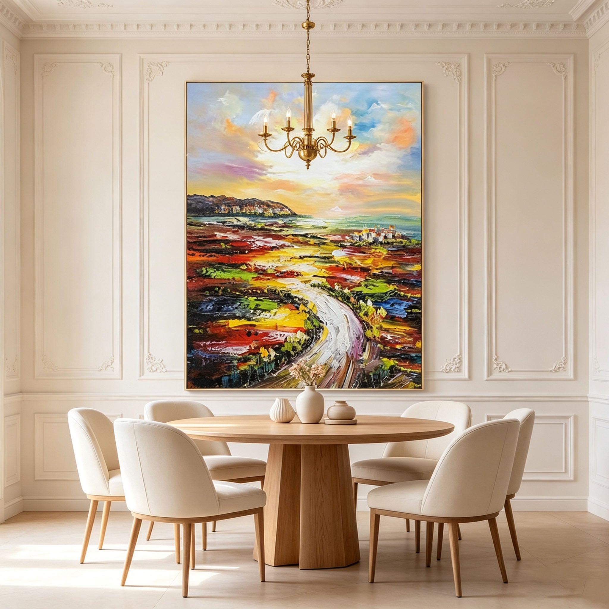 Colorful Road Landscape Wall Art, Winding Path Fields Painting, Large Vibrant Abstract Canvas Art, Expressive Countryside Living Room Decor