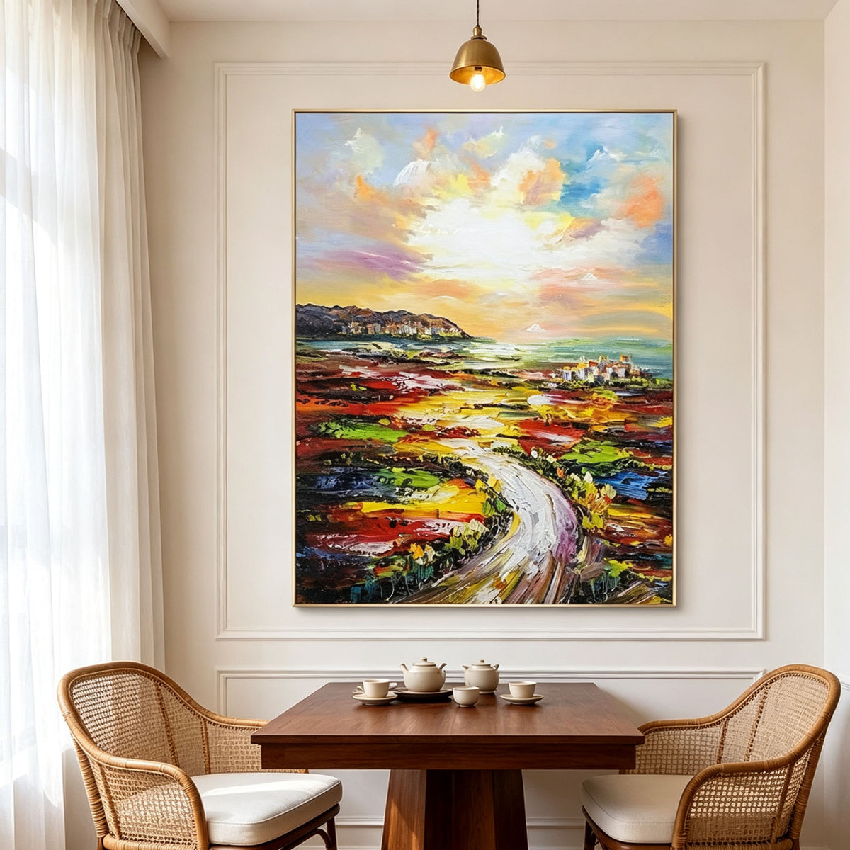Colorful Road Landscape Wall Art, Winding Path Fields Painting, Large Vibrant Abstract Canvas Art, Expressive Countryside Living Room Decor