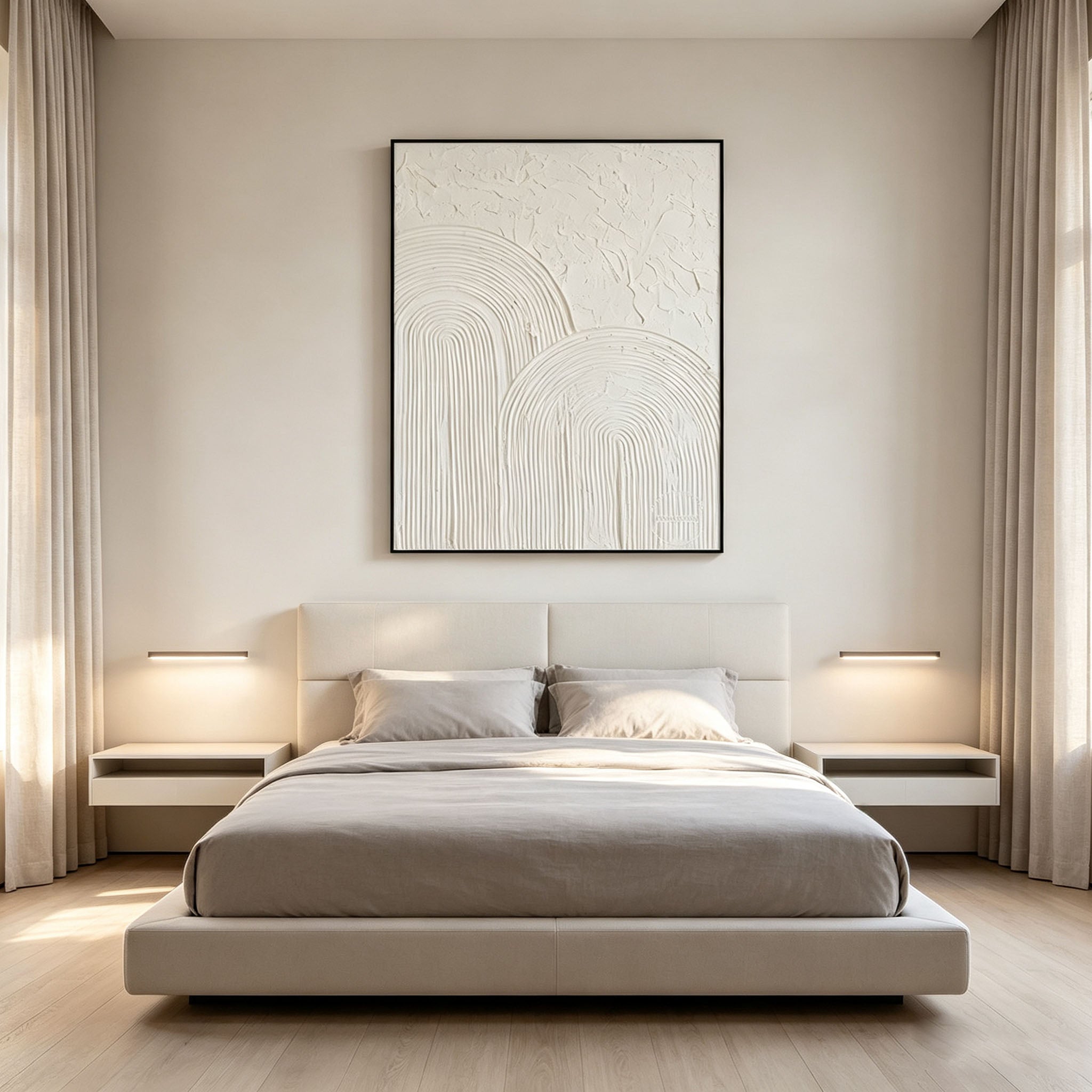 White 3D Textured Wall Art, Minimalist Arched Texture Canvas Painting, Large Cream White Sculptural Art, Modern Minimalist Bedroom Decor