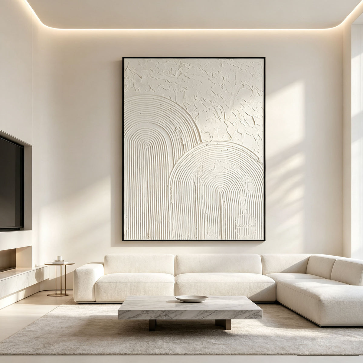 White 3D Textured Wall Art, Minimalist Arched Texture Canvas Painting, Large Cream White Sculptural Art, Modern Minimalist Bedroom Decor
