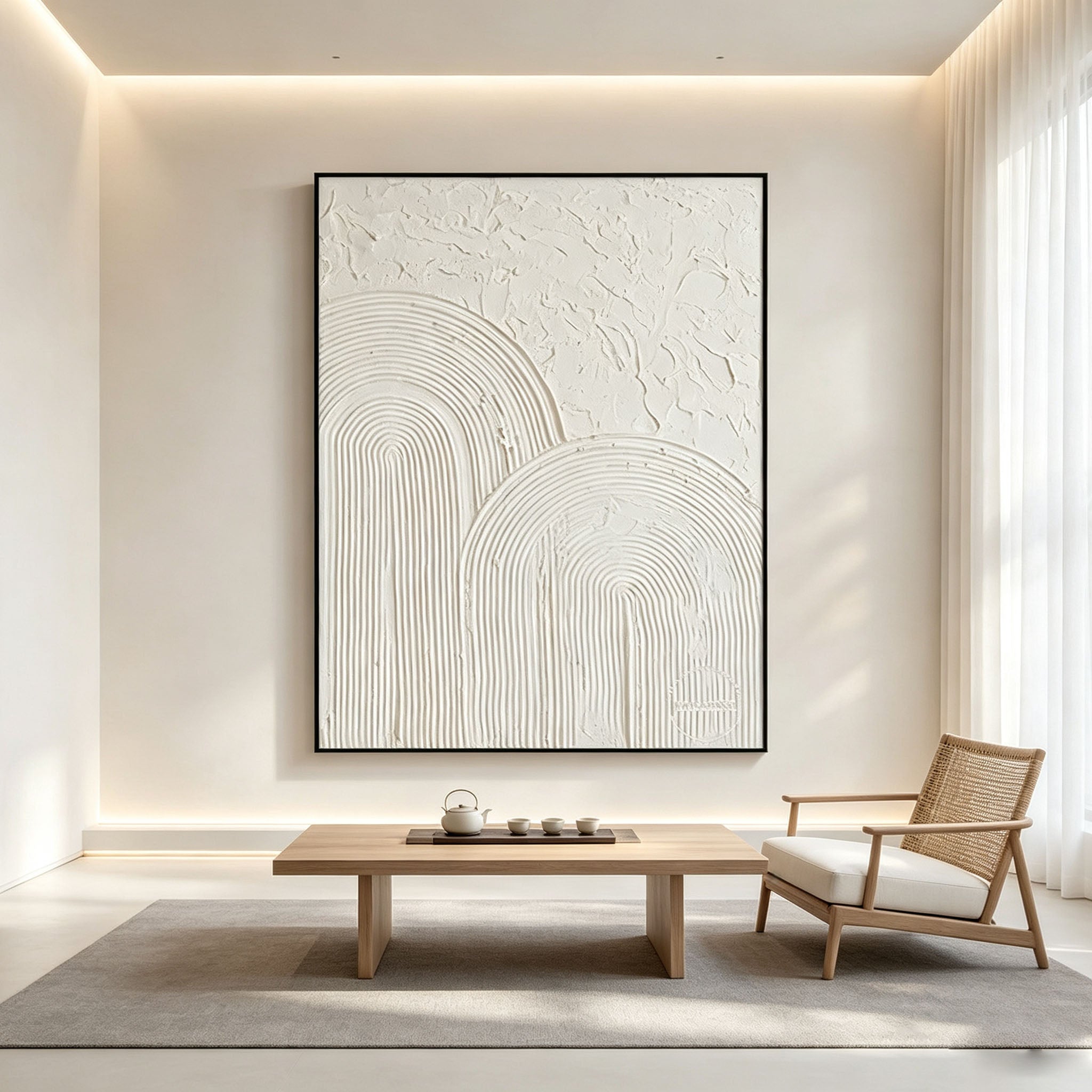 White 3D Textured Wall Art, Minimalist Arched Texture Canvas Painting, Large Cream White Sculptural Art, Modern Minimalist Bedroom Decor