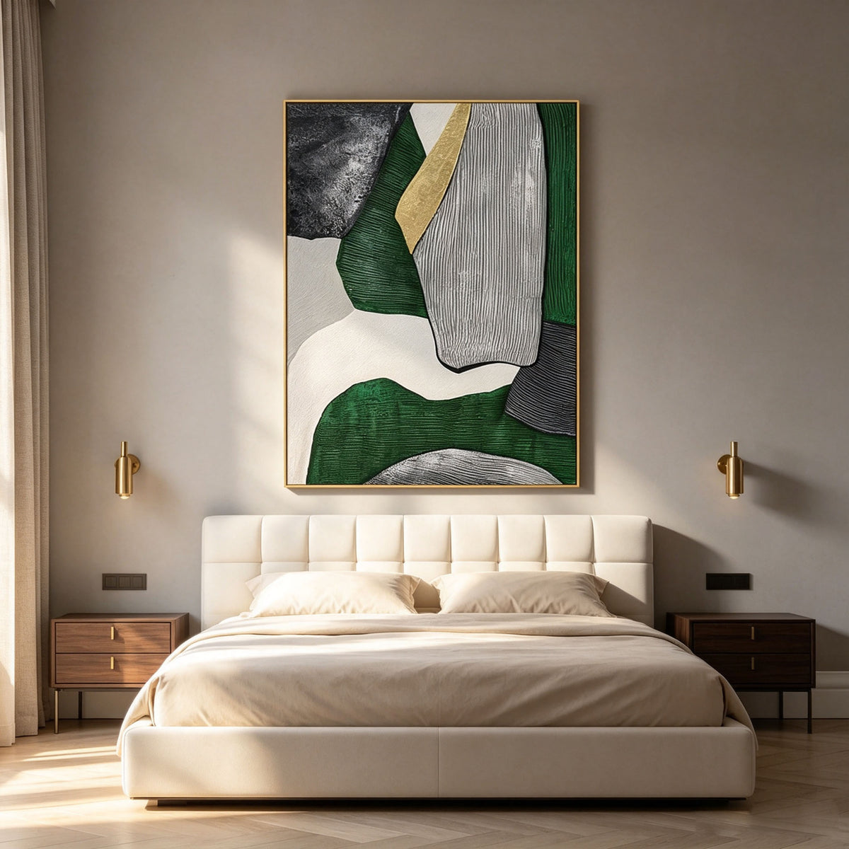 Green Gold Geometric Abstract Wall Art, Dark Green Black White Canvas Painting, Large Textured Impasto Art, Modern Luxury Bedroom Decor