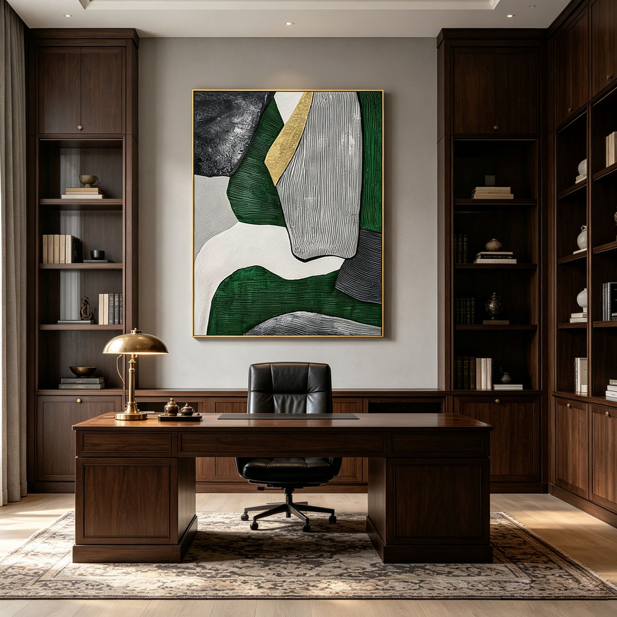 Green Gold Geometric Abstract Wall Art, Dark Green Black White Canvas Painting, Large Textured Impasto Art, Modern Luxury Bedroom Decor