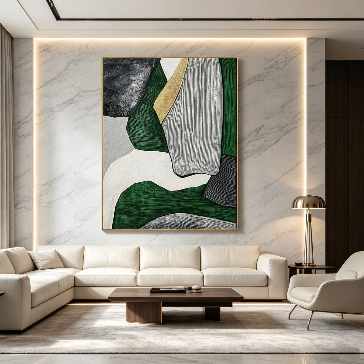 Green Gold Geometric Abstract Wall Art, Dark Green Black White Canvas Painting, Large Textured Impasto Art, Modern Luxury Bedroom Decor