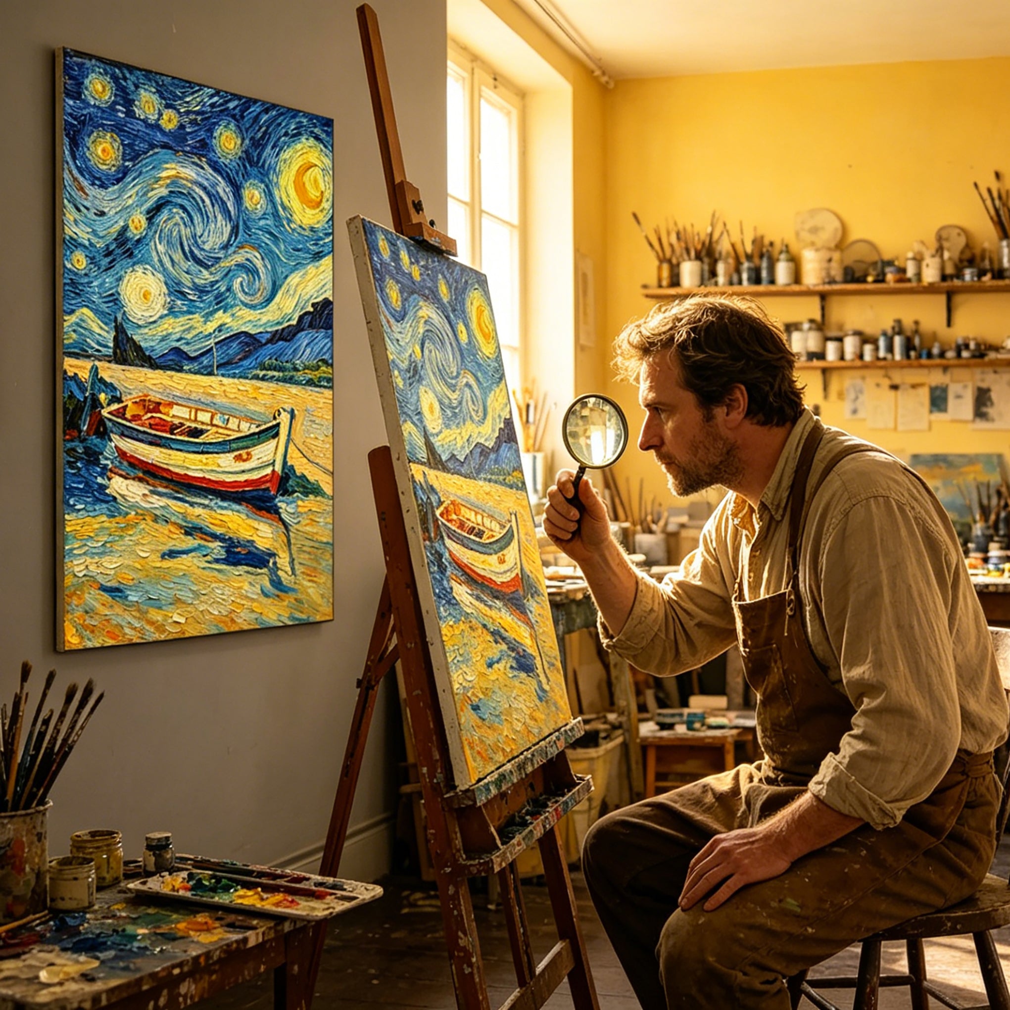 Stretched Hand-Painted "Starry Night Harbor" Oil Painting – Van Gogh-Inspired Impressionist Statement Canvas