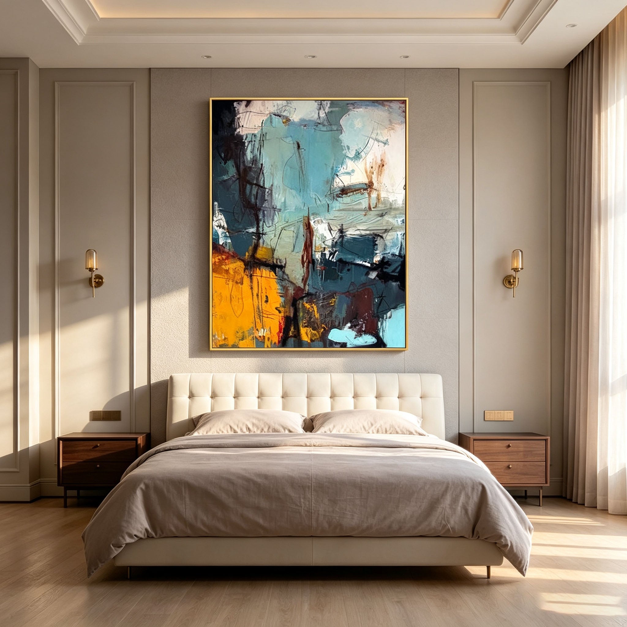 Blue Yellow Abstract Wall Art, Black White Gold Framed Oil Painting, Large Expressive Brushstroke Canvas, Modern Luxury Bedroom Decor