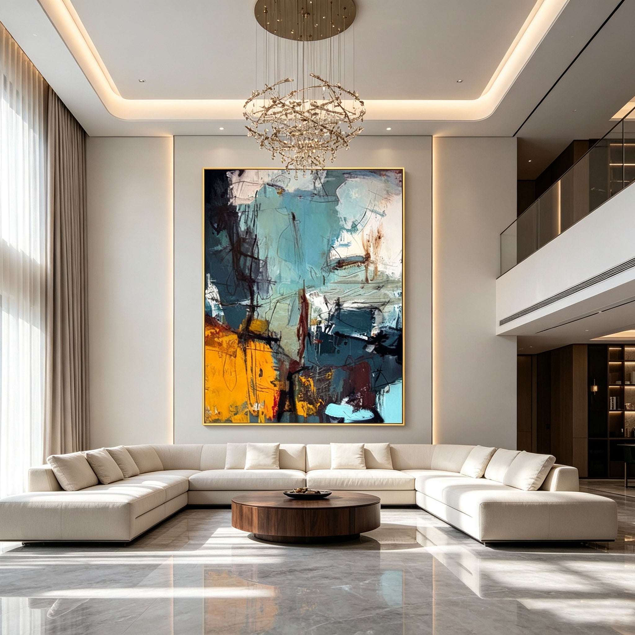 Blue Yellow Abstract Wall Art, Black White Gold Framed Oil Painting, Large Expressive Brushstroke Canvas, Modern Luxury Bedroom Decor
