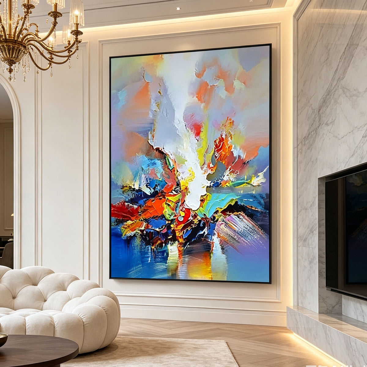 Colorful Abstract Wall Art, Blue Red Orange Yellow Oil Painting, Large Expressive Canvas, Statement Office Study Living Room Decor