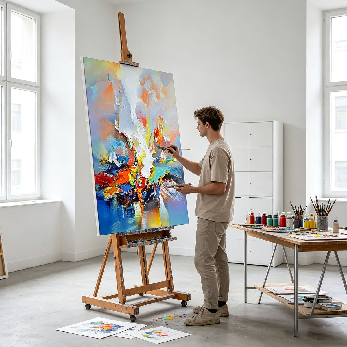 Colorful Abstract Wall Art, Blue Red Orange Yellow Oil Painting, Large Expressive Canvas, Statement Office Study Living Room Decor